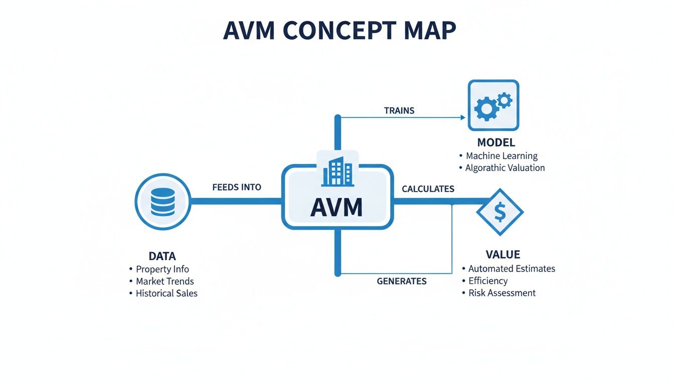 A concept map illustrating the Automated Valuation Model (AVM) workflow from data to value.