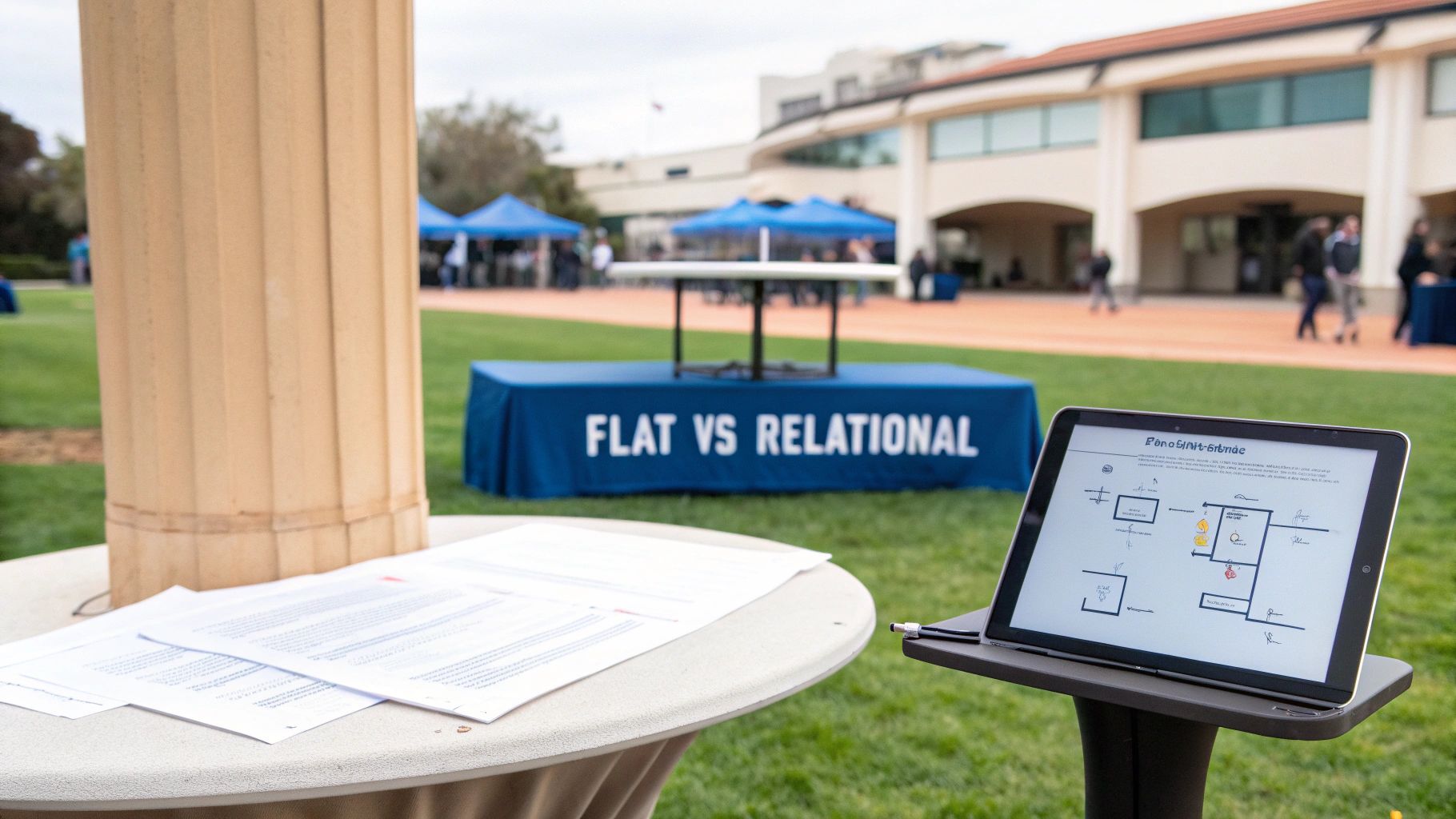 Outdoor event showcasing 'FLAT VS RELATIONAL' concepts with a tablet and printed materials.