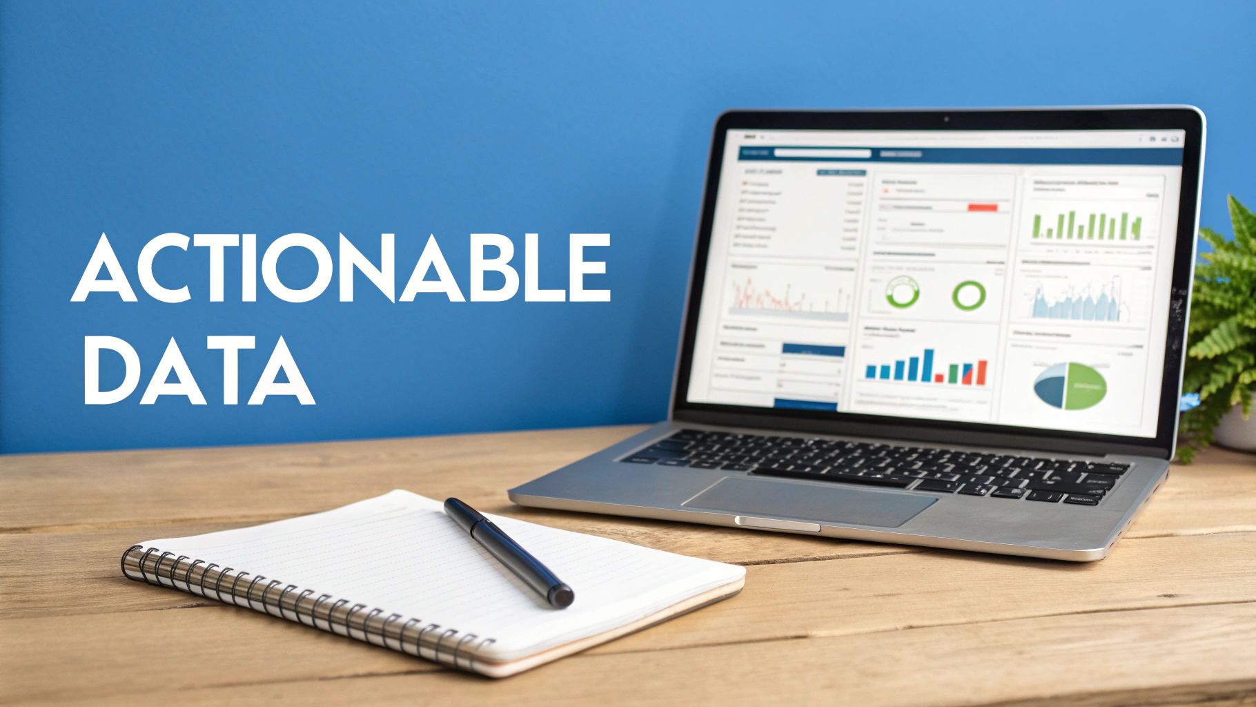 A laptop on a wooden desk displays actionable data dashboards and charts, next to a notebook and pen.