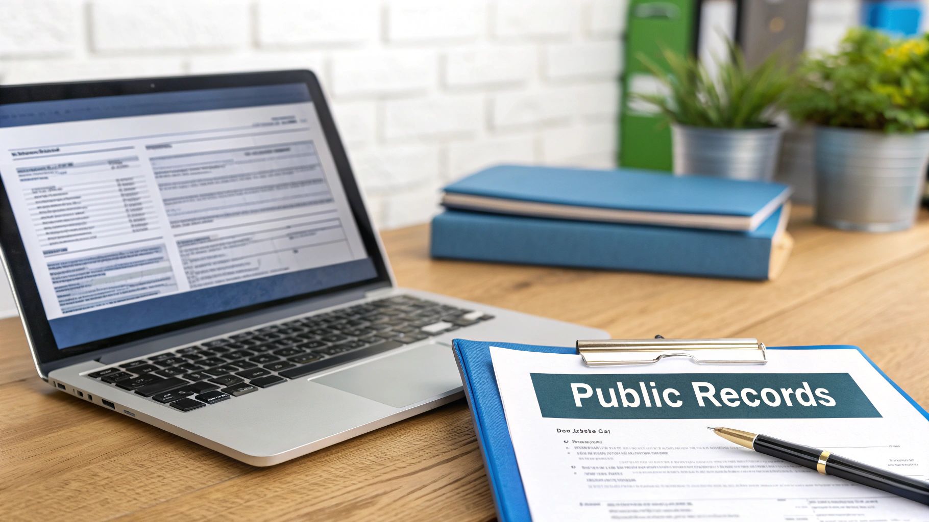 An office desk with a laptop, a pen, and a clipboard featuring a 'Public Records' document.