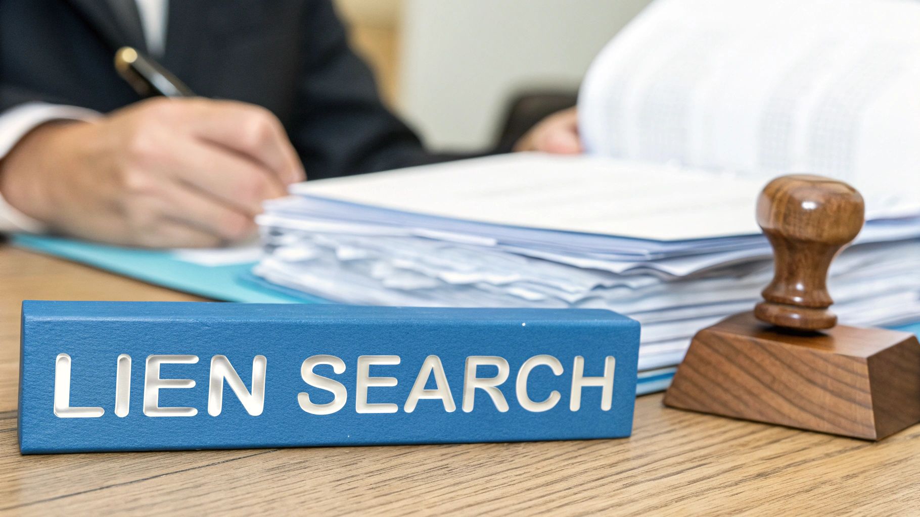 A blue block says 'LIEN SEARCH' on a desk with a person writing and stacks of papers.