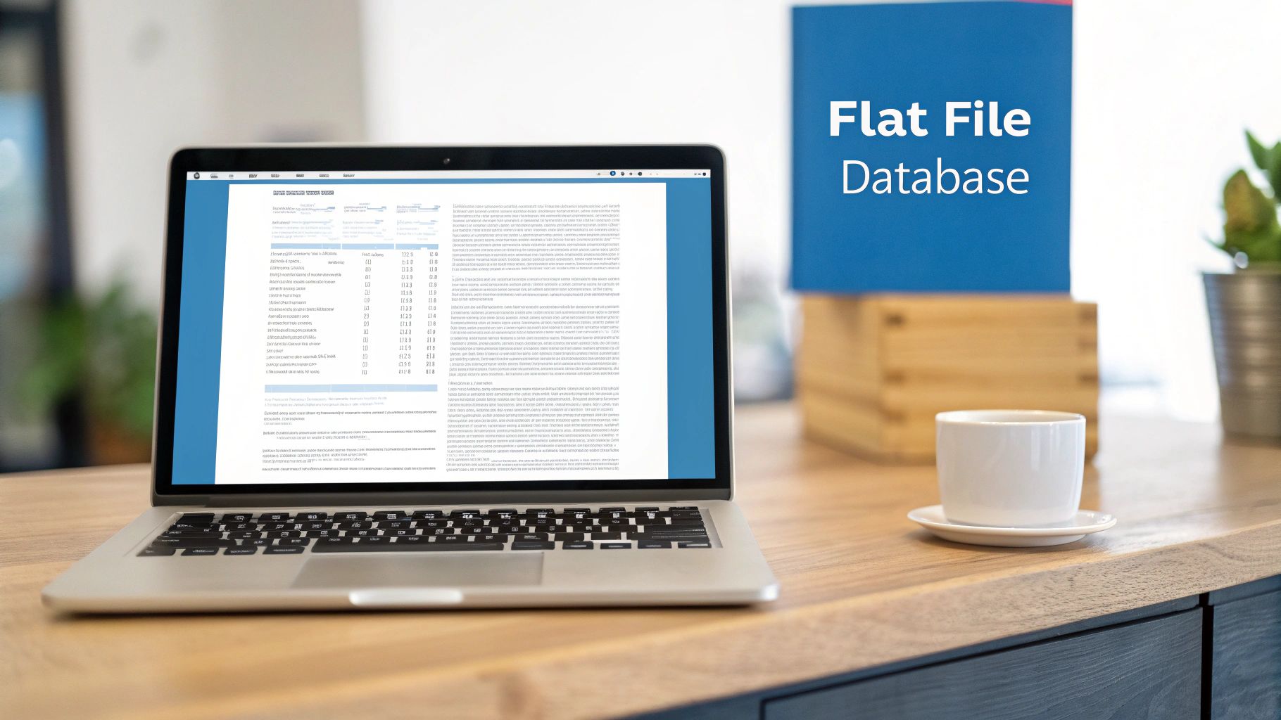 A laptop displays a document on a wooden desk next to a coffee cup and a blue folder titled "Flat File Database".