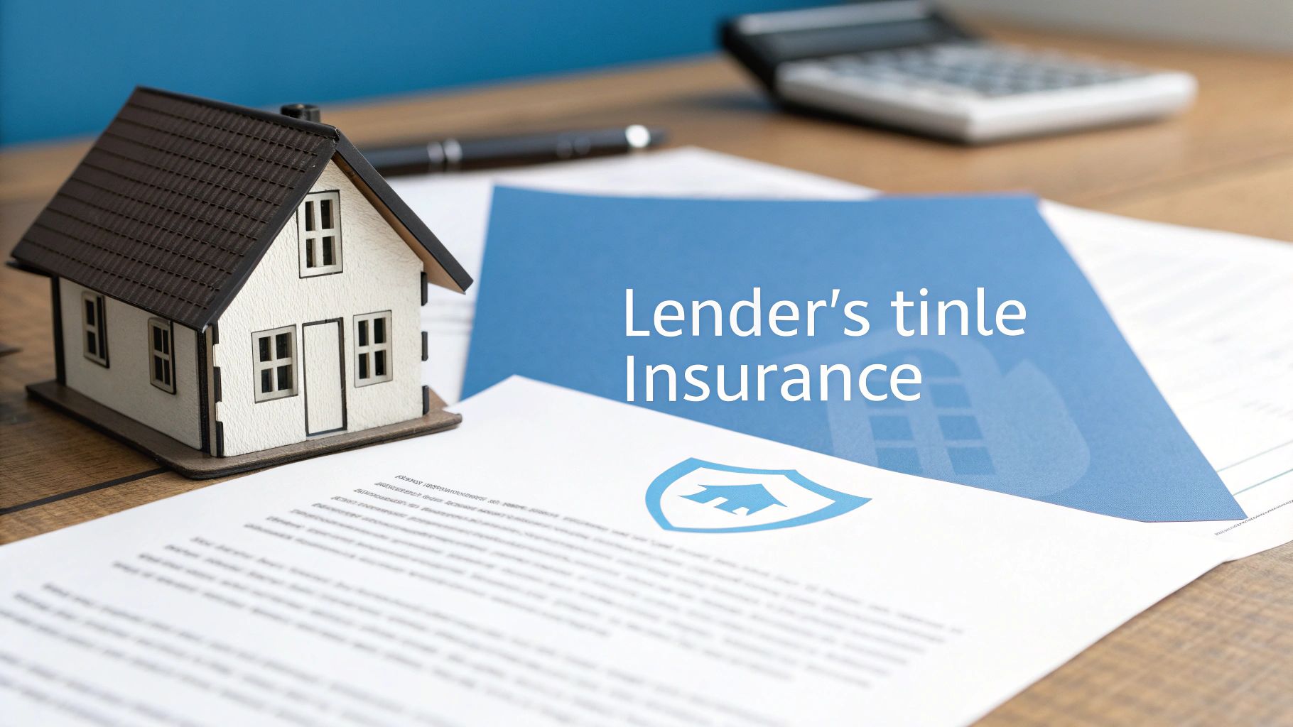 A model house on a desk with loan documents, a pen, calculator, and 'Lender's Title Insurance' text.