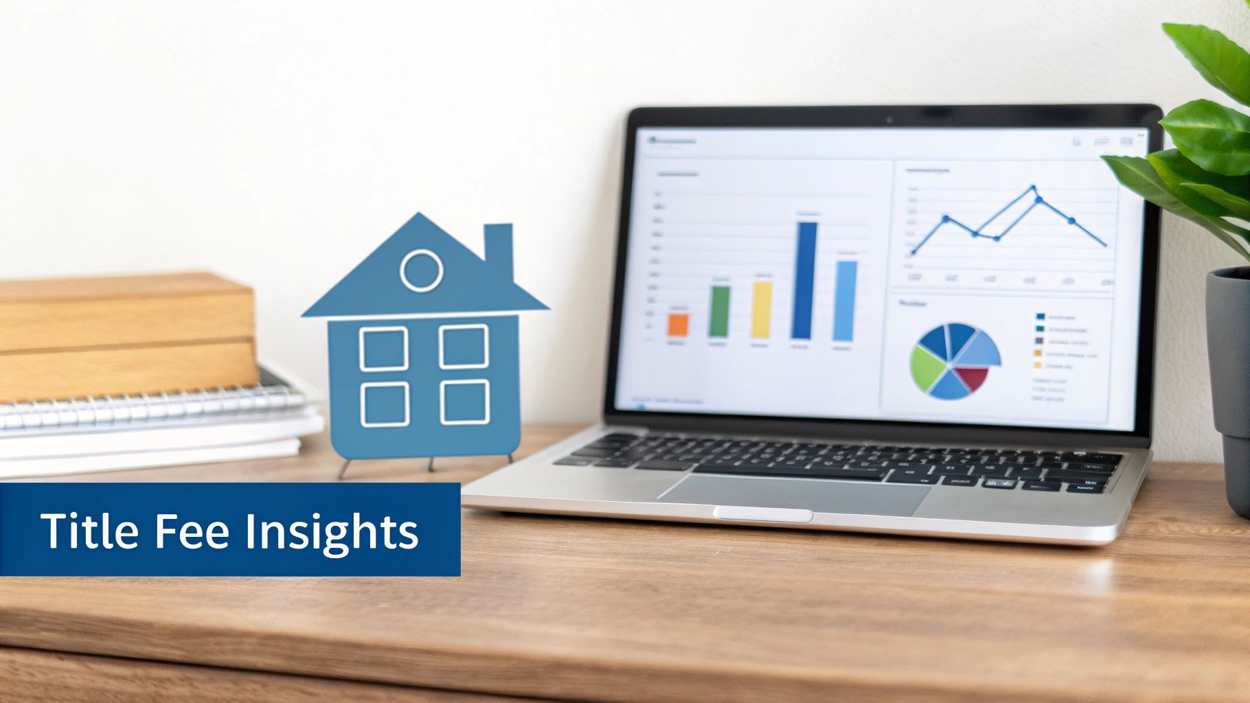 Laptop displaying financial charts and 'Title Fee Insights' next to a blue house icon on a desk.