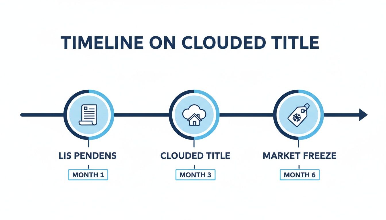 Infographic timeline illustrating the progression of a clouded title, showing Lis Pendens, Clouded Title, and Market Freeze.