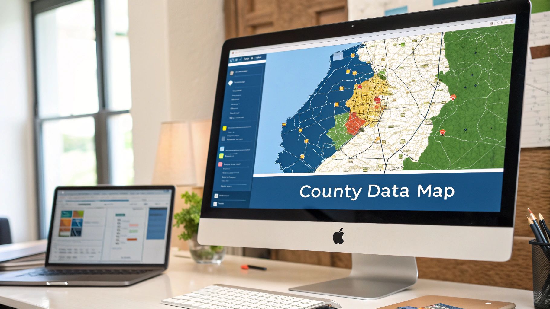 A desktop computer displaying a county data map with various colored regions and markers, next to a laptop.