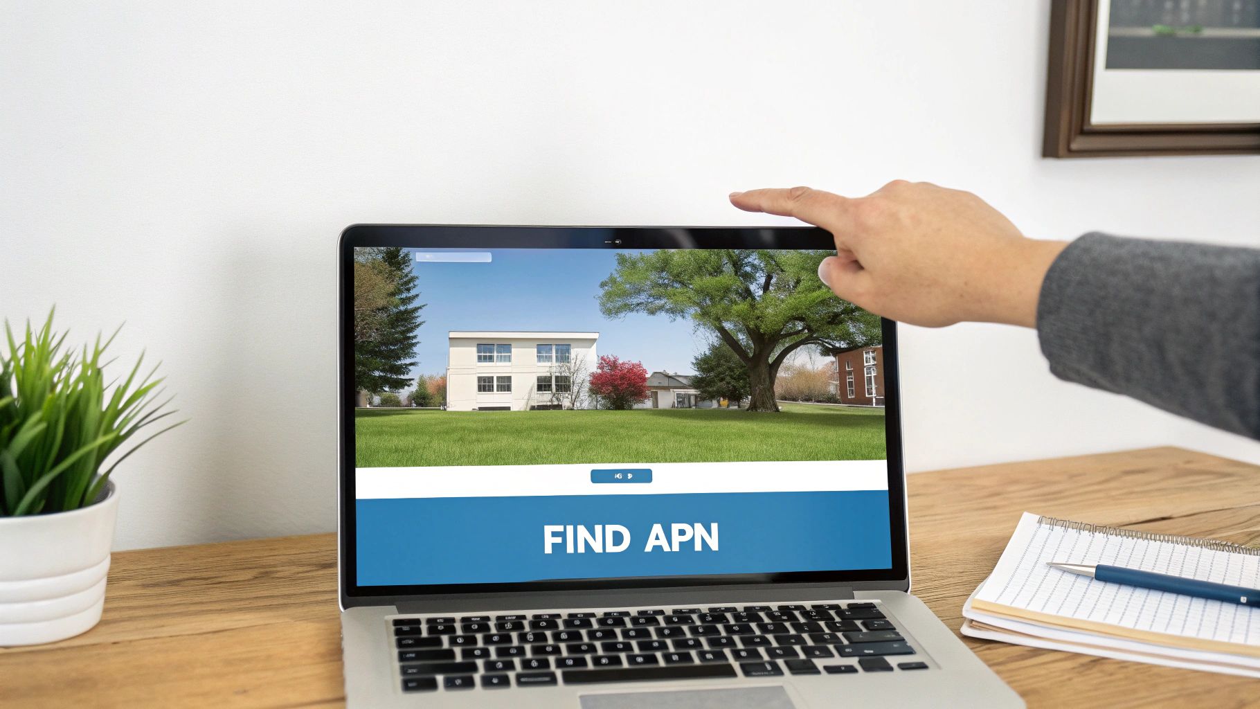 A hand points at a laptop screen displaying a house, trees, and 'FIND APN' text on a wooden desk.