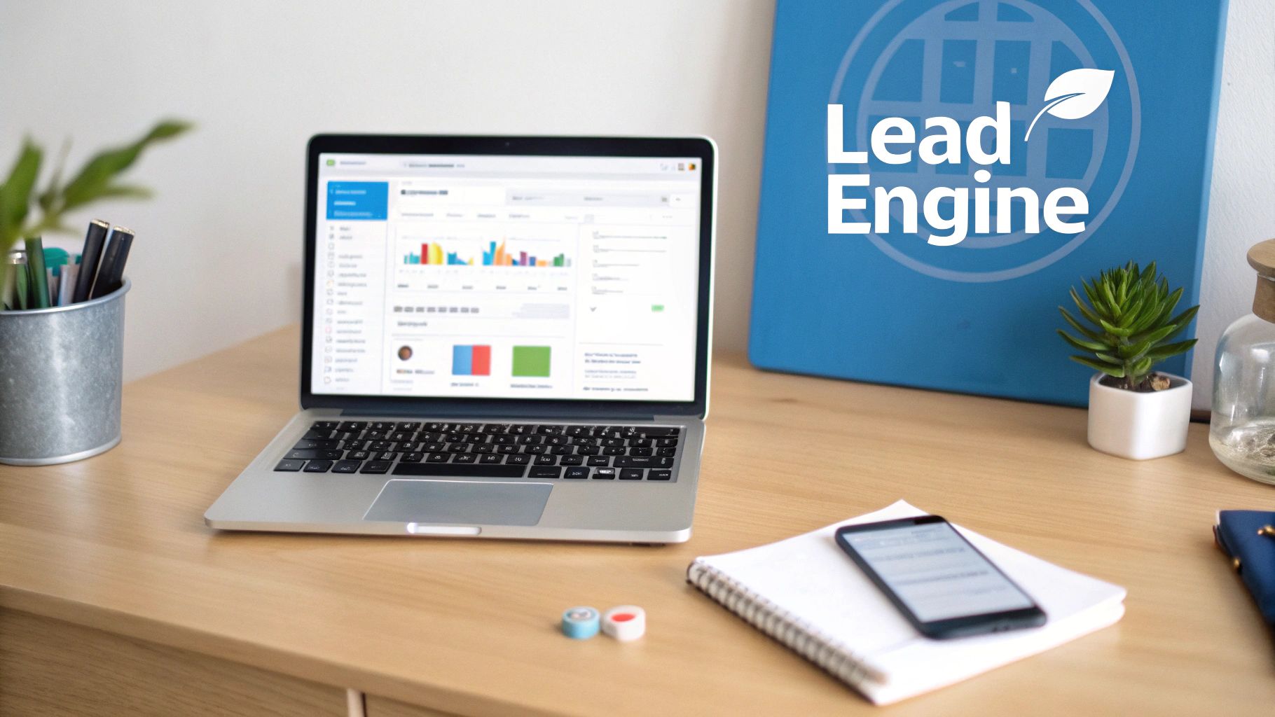 A modern workspace with a laptop displaying analytics, a smartphone, and a 'Lead Engine' binder on a wooden desk.