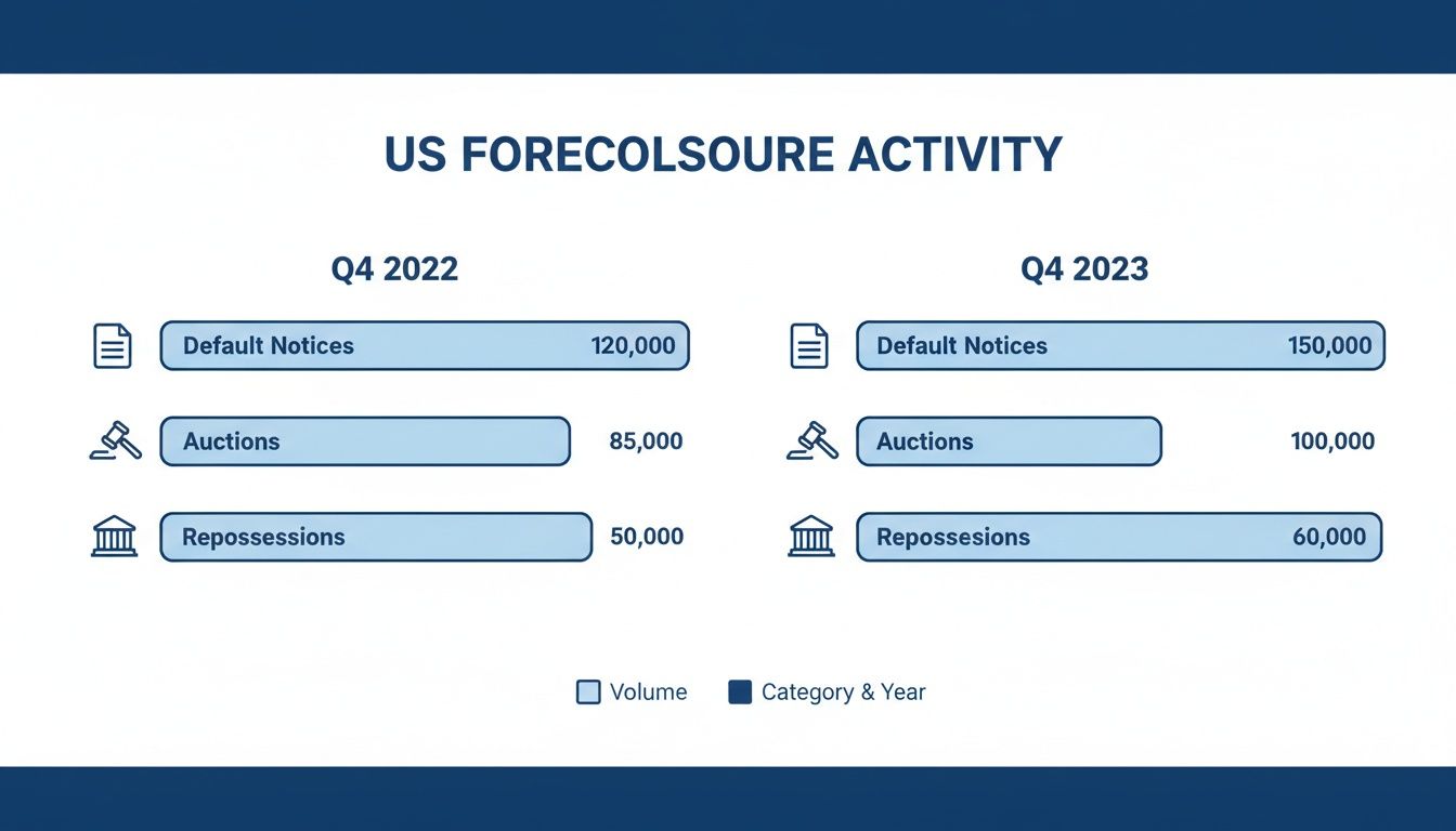 US foreclosure activity comparison between Q4 2022 and Q4 2023, showing increases across all categories.