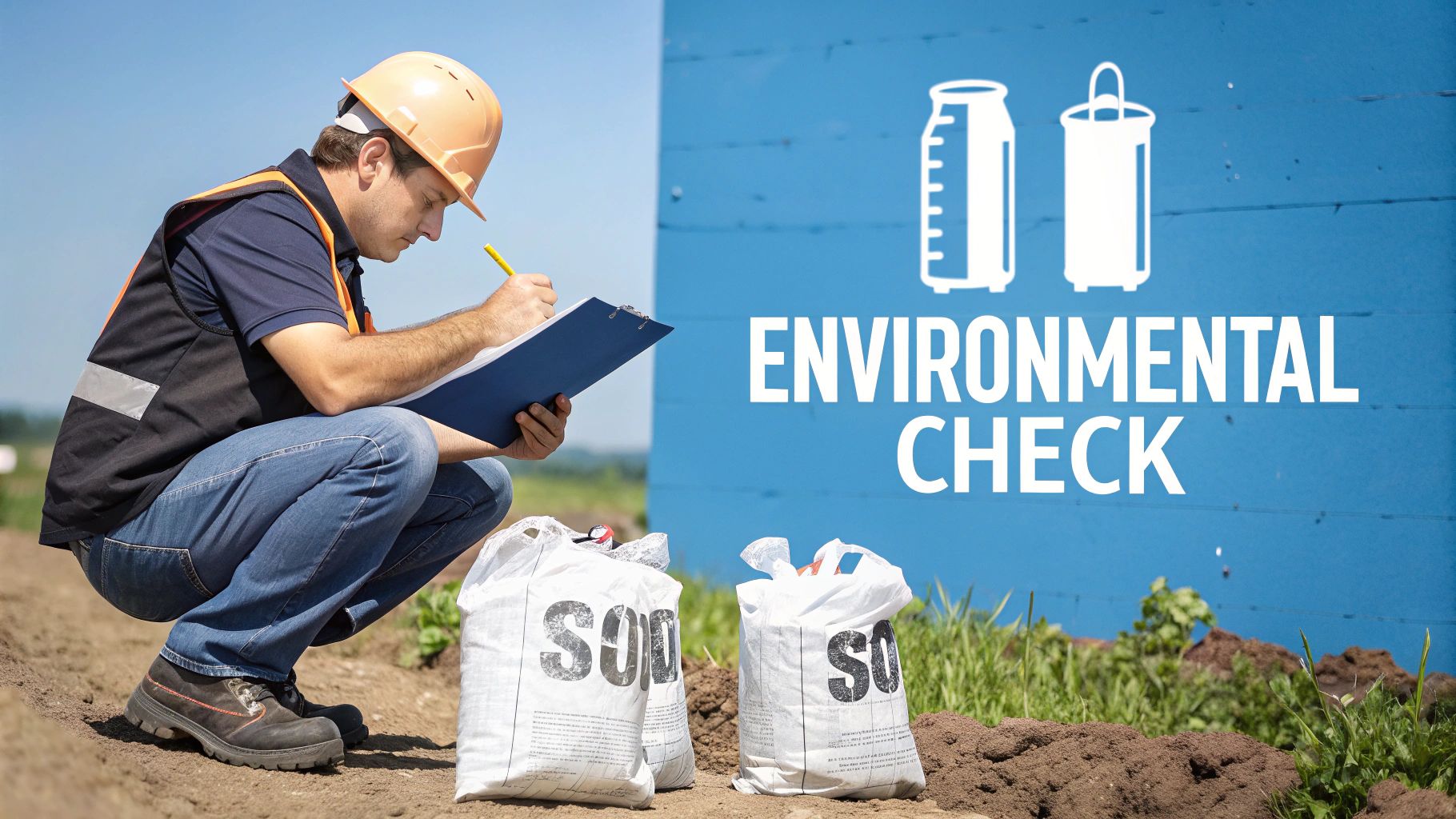 Man in hard hat and safety vest writing on clipboard during an environmental check.