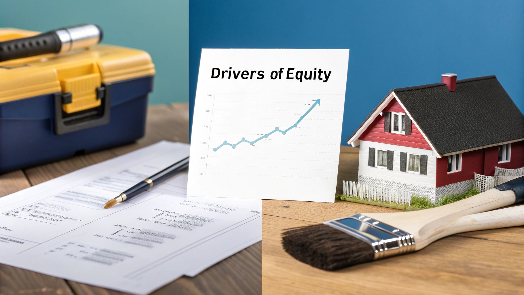 A toolbox, documents, a rising graph titled 'Drivers of Equity', and a model house with paintbrushes.