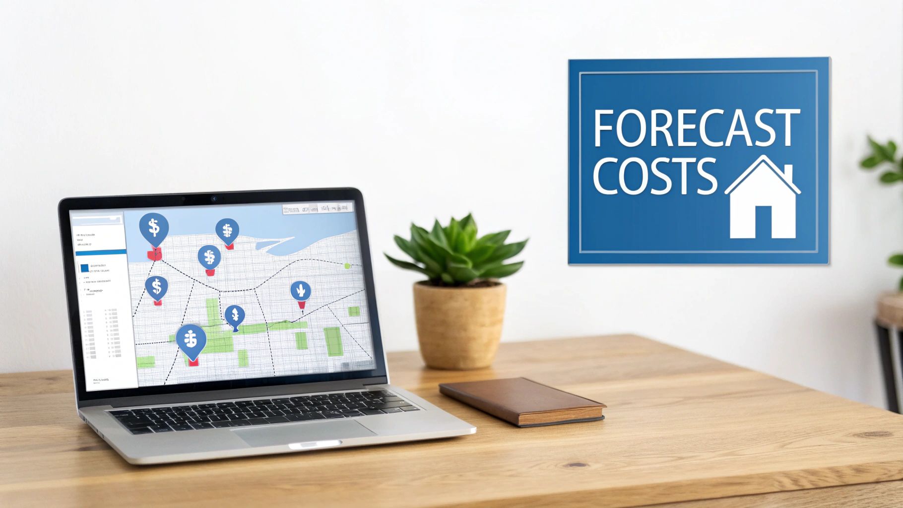 Laptop displaying a map with dollar sign pins and a 'FORECAST COSTS' sign, suggesting real estate financial planning.