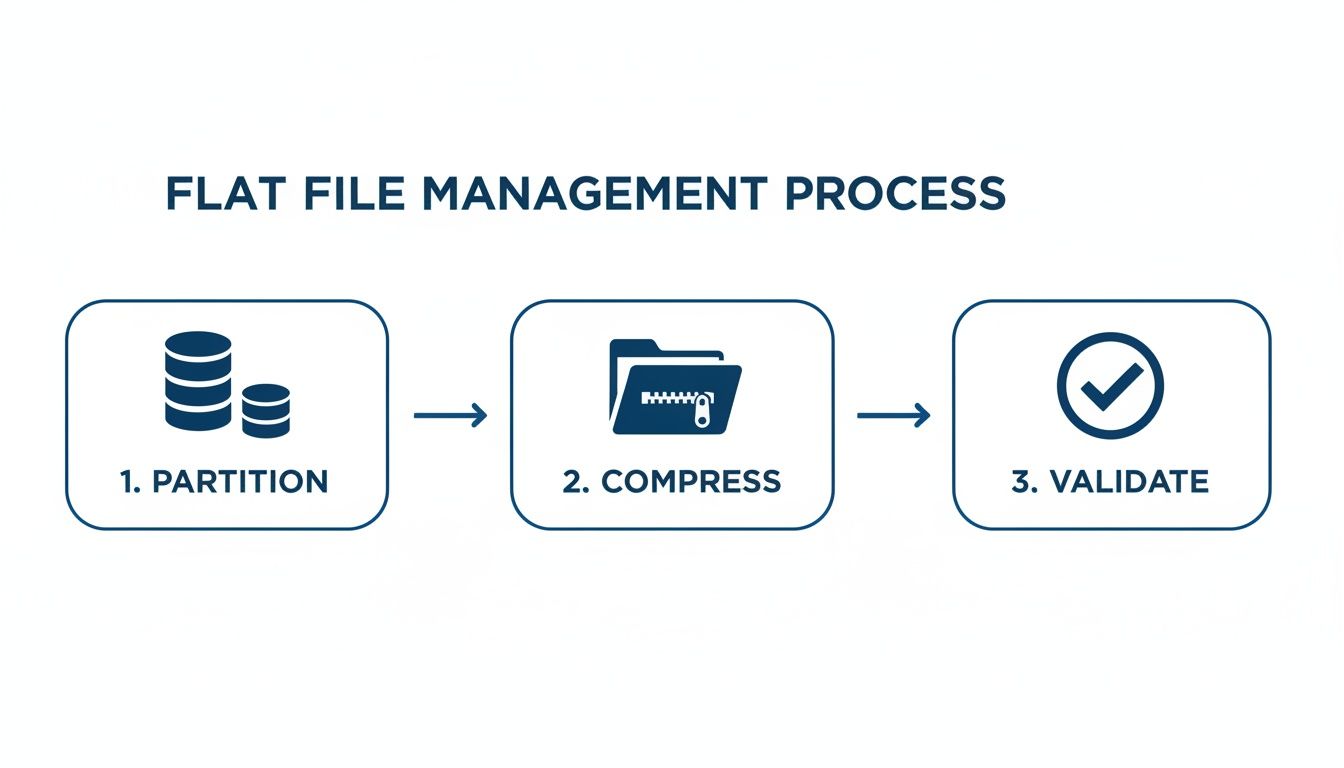 A three-step flat file management process showing partitioning, compression, and validation of data.