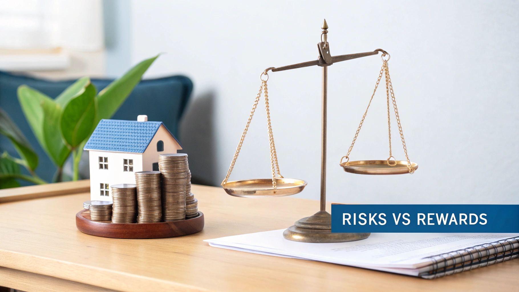 A model house, stacked coins, and an unbalanced scale with 'RISKS VS REWARDS' text on a table.