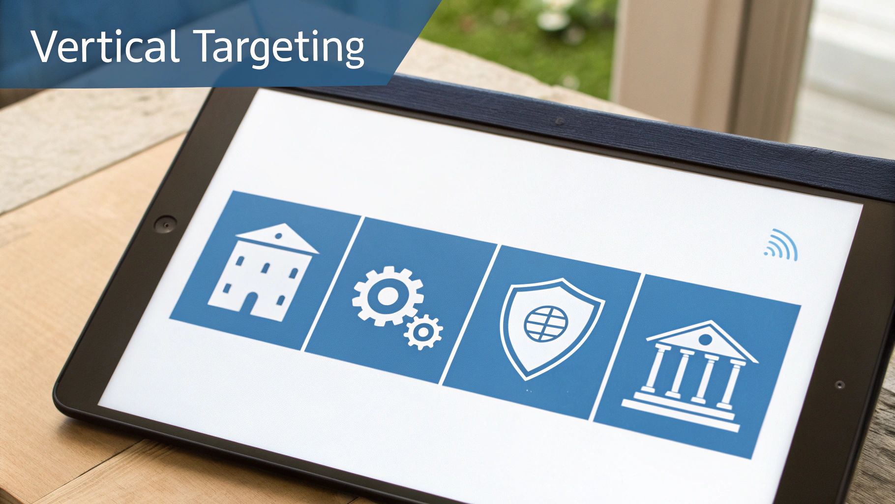 Tablet displaying icons for different industries like housing, manufacturing, security, and finance, with 'Vertical Targeting' text.