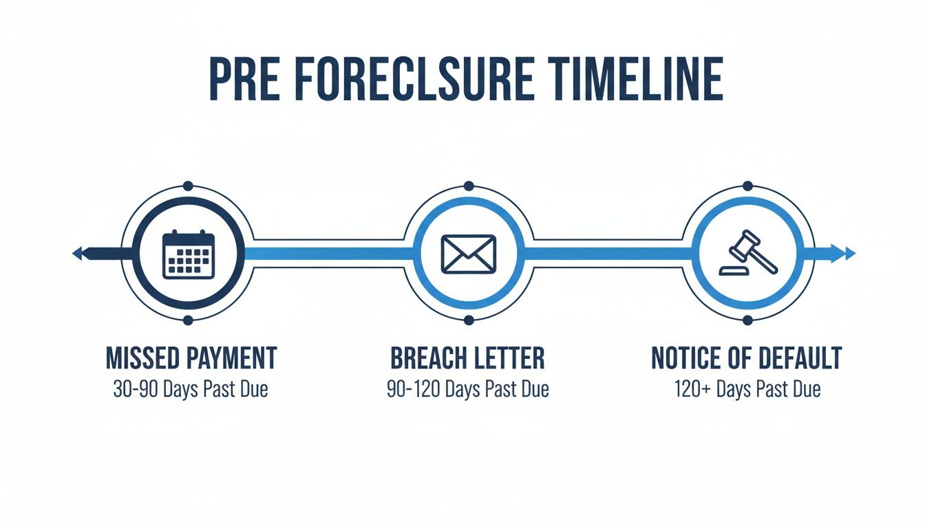 A pre-foreclosure timeline illustrating stages: missed payment, breach letter, and notice of default.