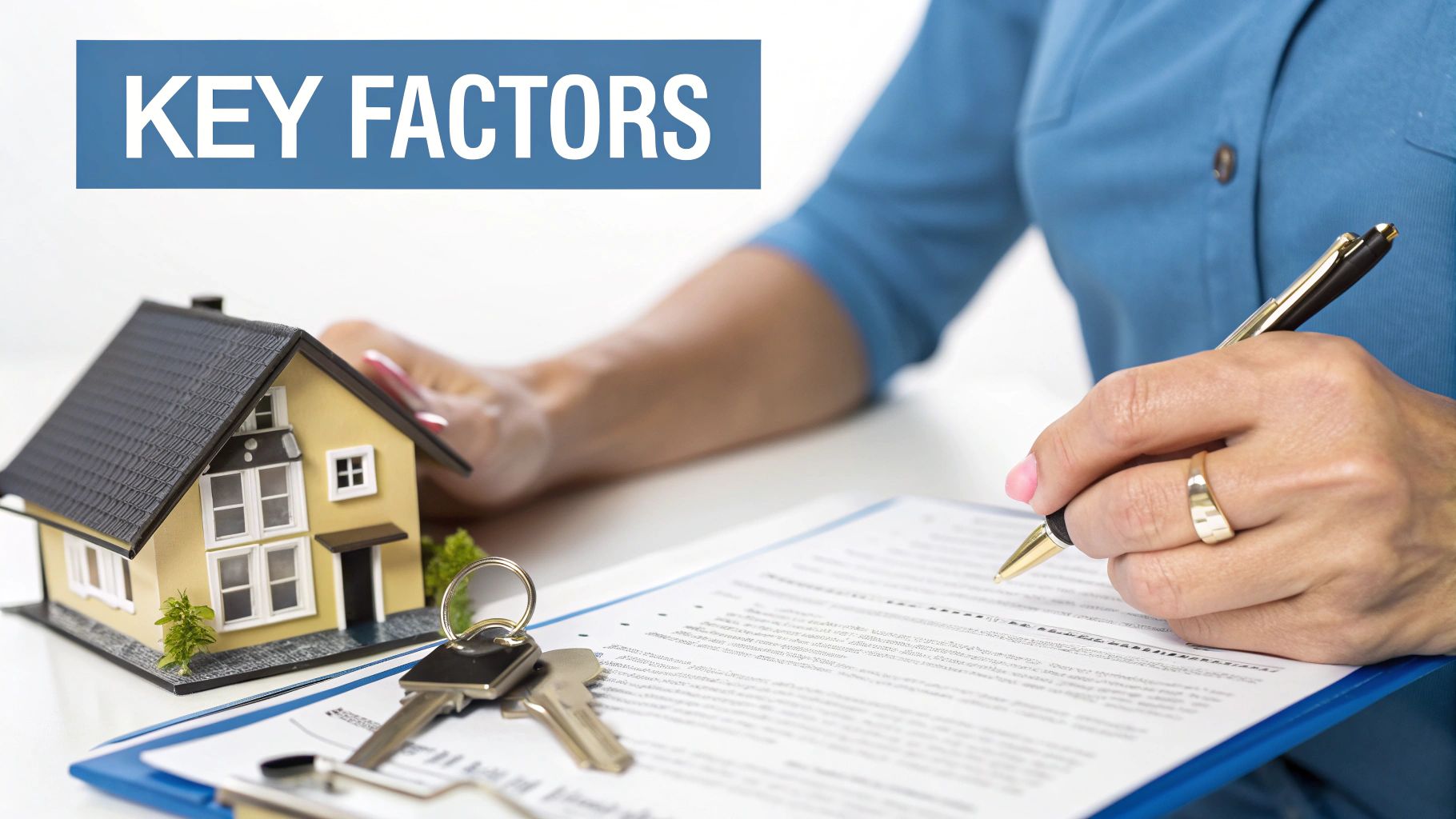 Person signing real estate documents with a house model and keys, highlighting key factors.