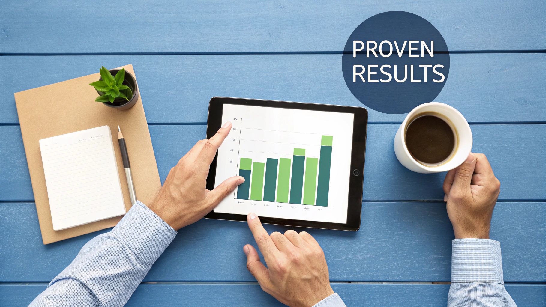 A person's hands analyze a bar chart on a tablet, with 'PROVEN RESULTS' text overlay.