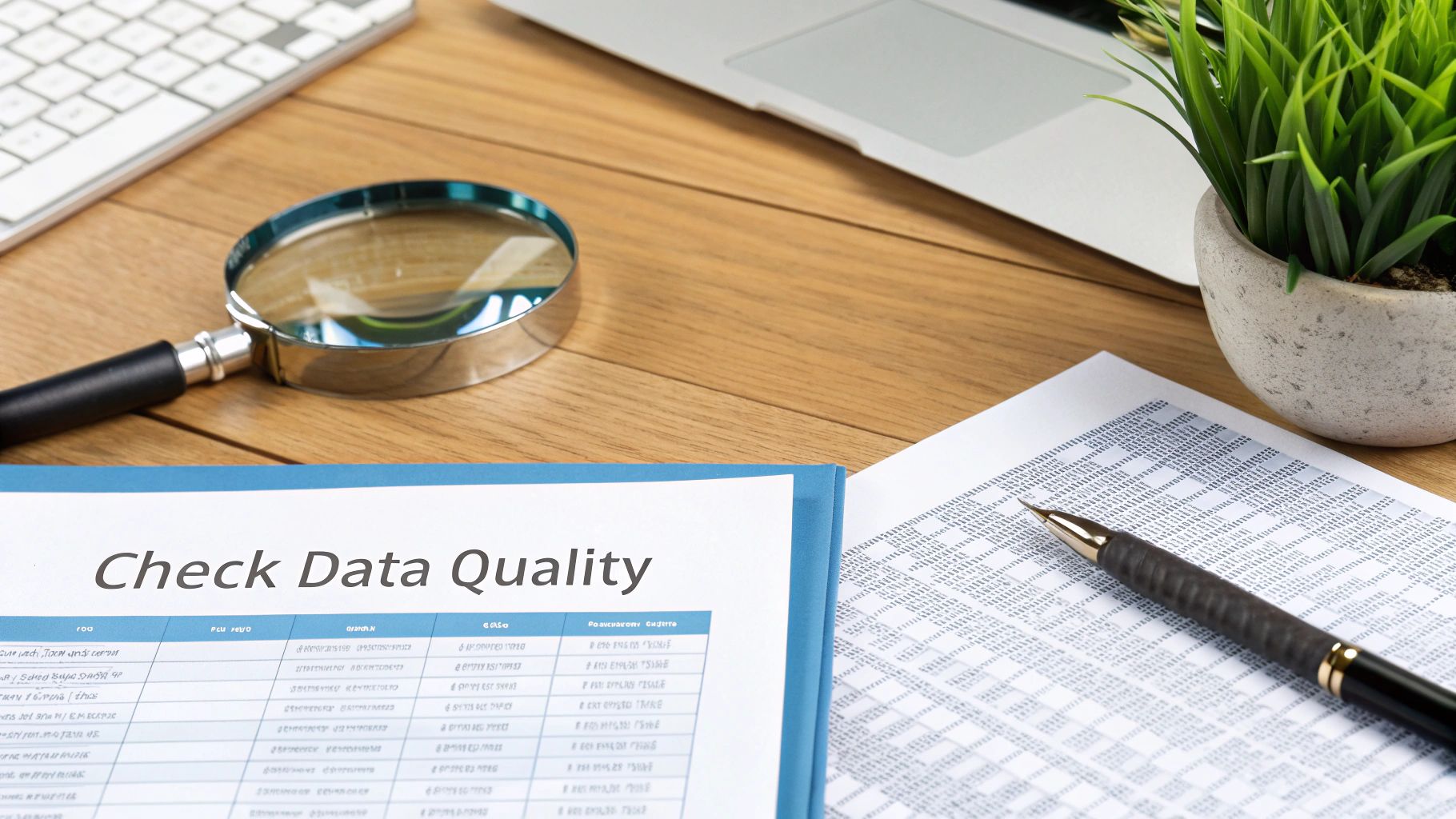 A desk with documents, a magnifying glass, laptop, and plant, titled 'Check Data Quality'.
