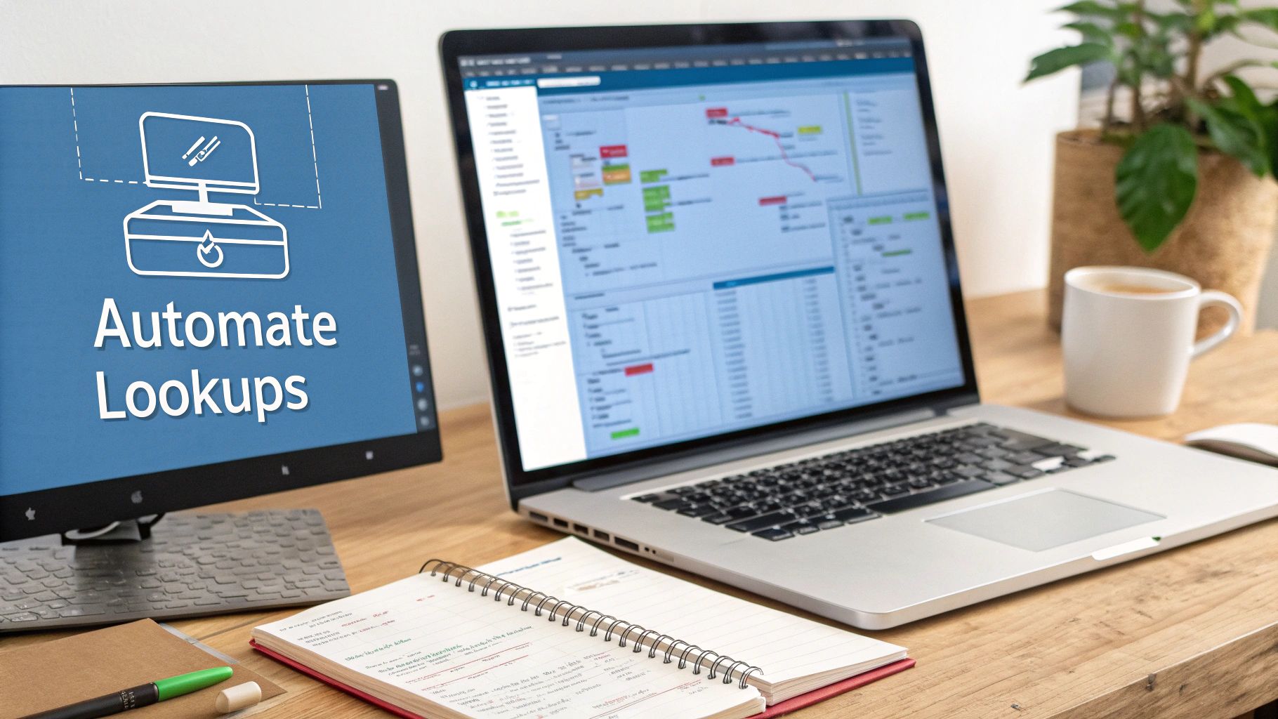 A modern workspace with a monitor displaying 'Automate Lookups', a laptop with charts, and a notebook.