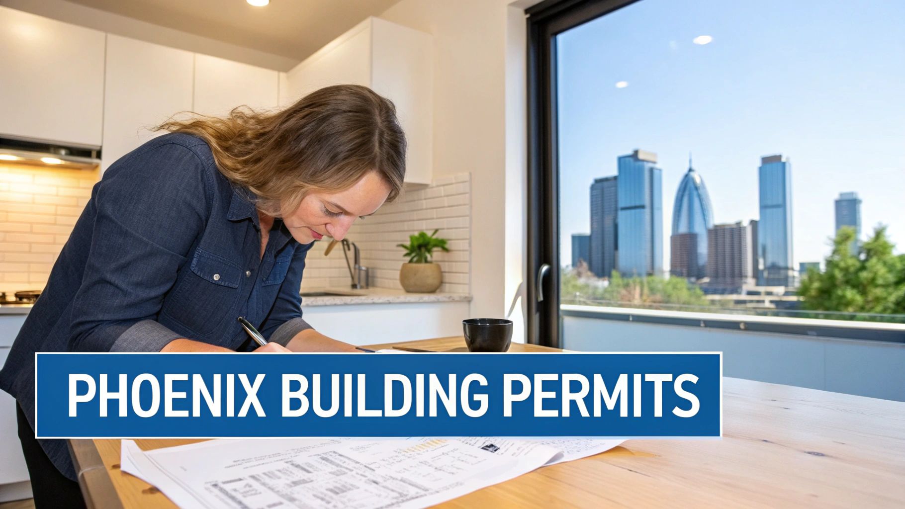 A woman reviews architectural plans and building permits with the Phoenix city skyline visible through a window.