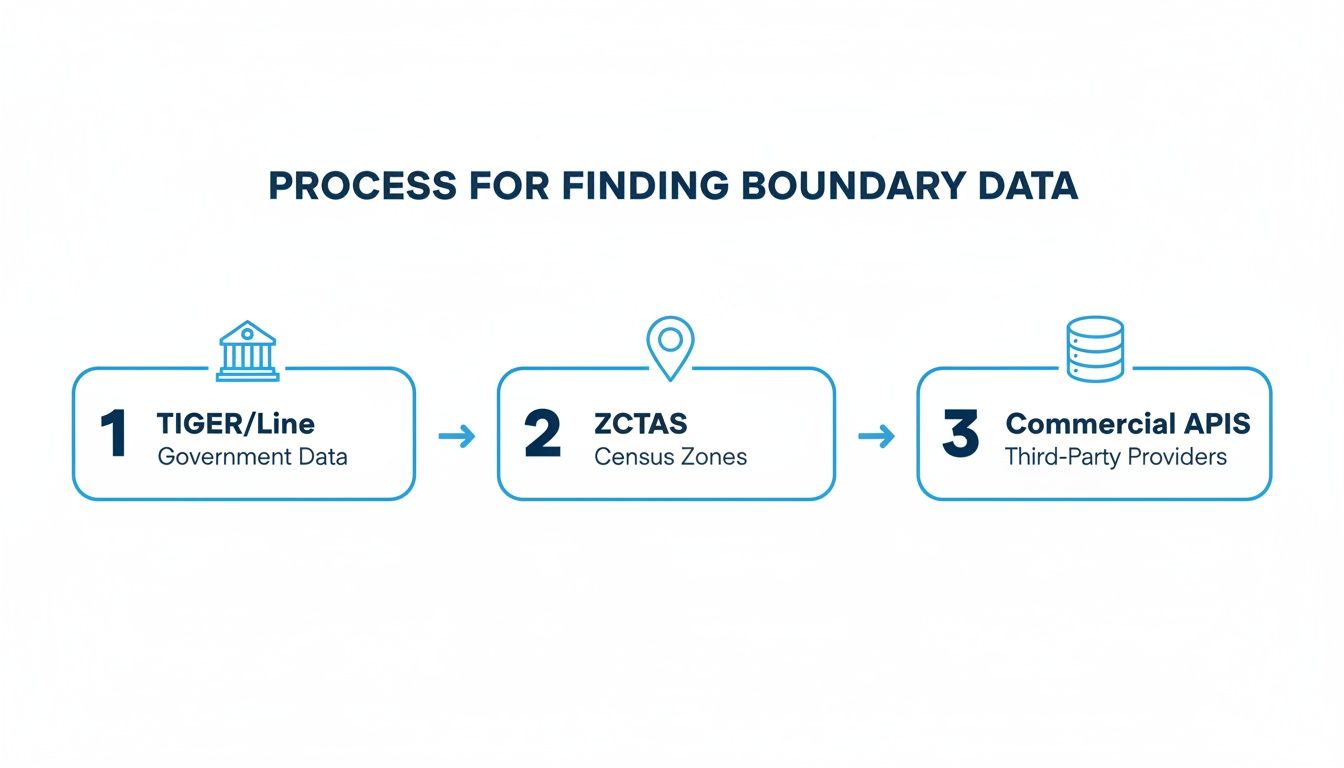 A process diagram for finding boundary data, including TIGER/Line, ZCTAS, and Commercial APIs.