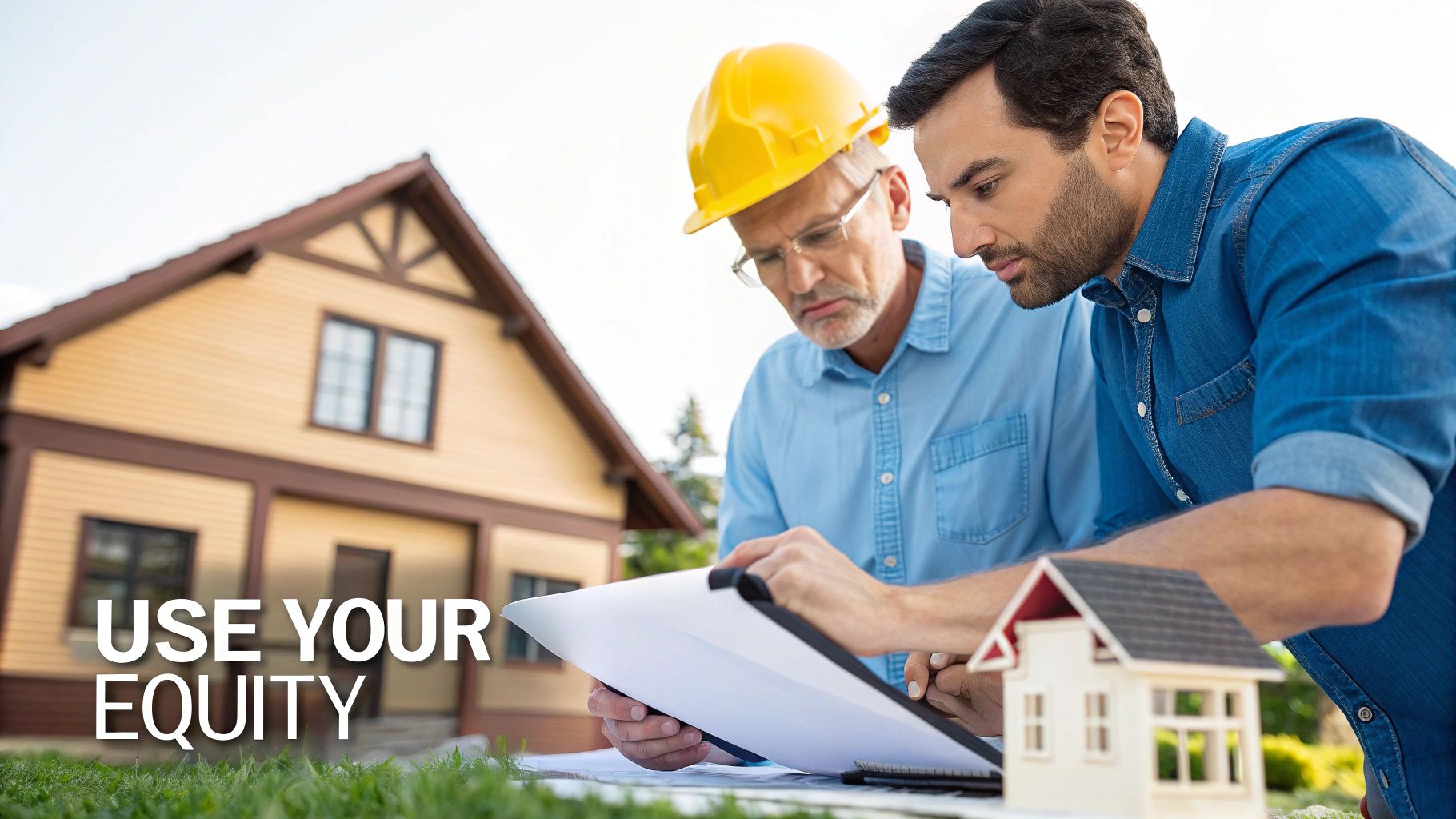 Two men, possibly an architect and client, review property plans with a model house and background home.