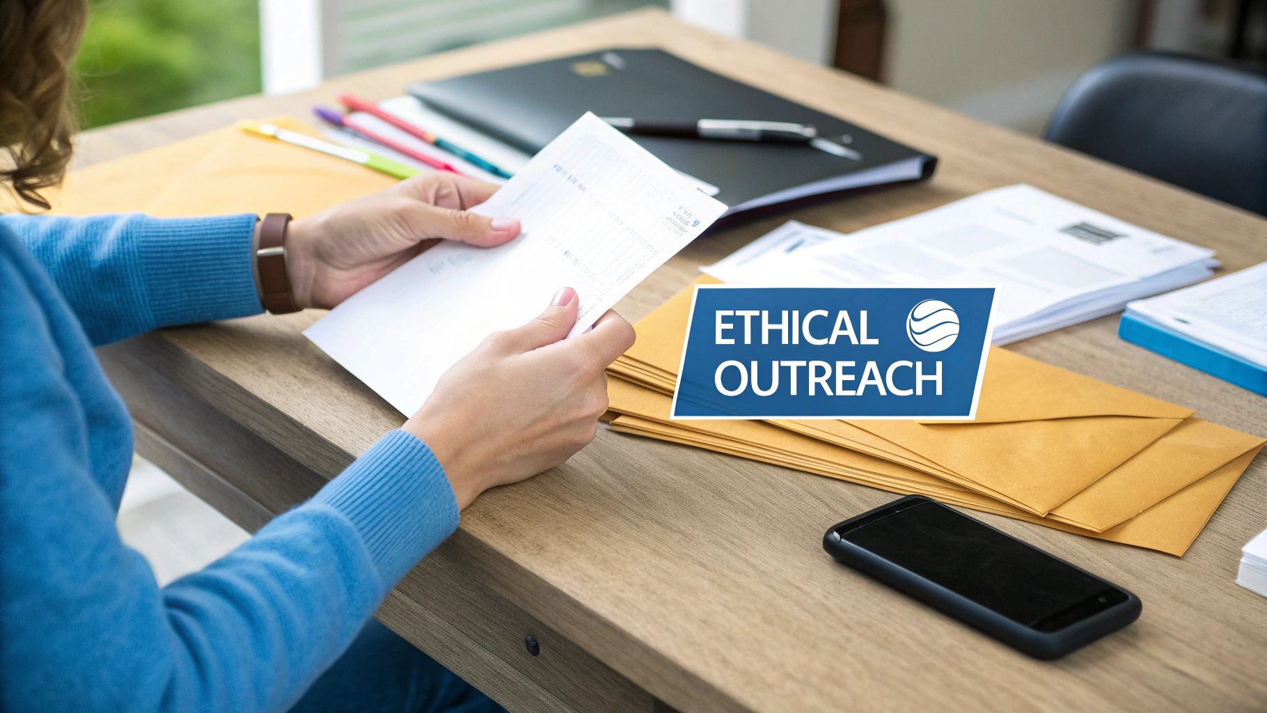 A person in a blue sweater is reviewing documents at a desk with envelopes and a smartphone, promoting ethical outreach.