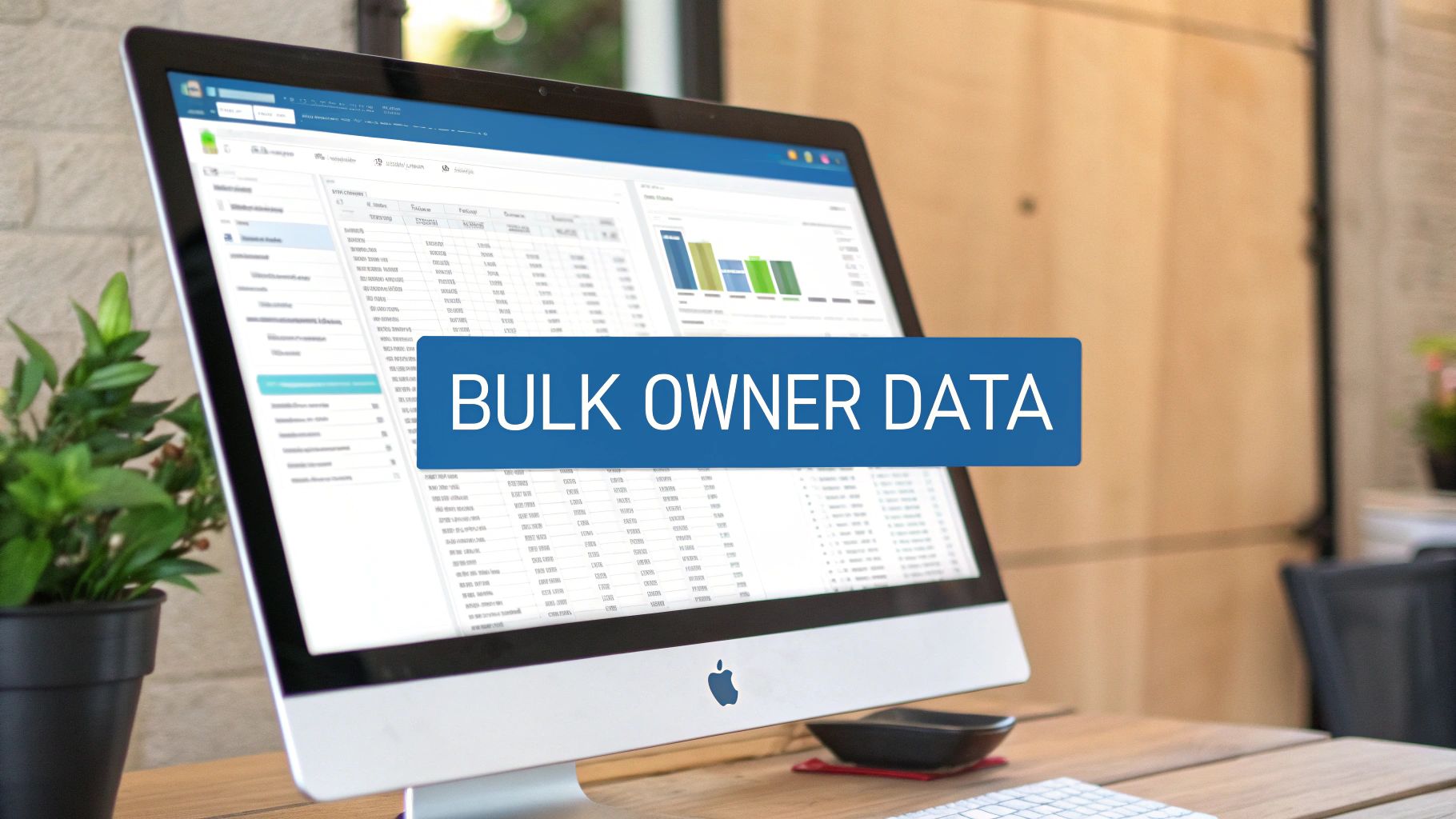 A desktop computer screen displays 'BULK OWNER DATA' with charts and tables, indicating property research.