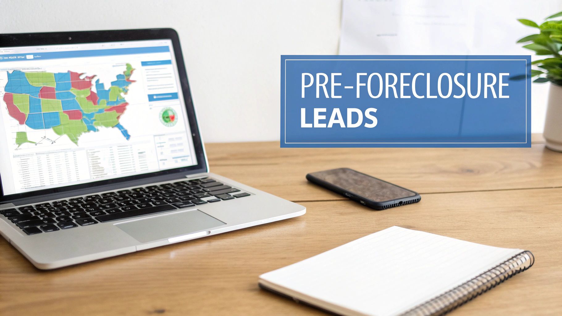 Laptop displaying a US map and data on a wooden desk with a phone and notepad, promoting 'PRE-FORECLOSURE LEADS'.