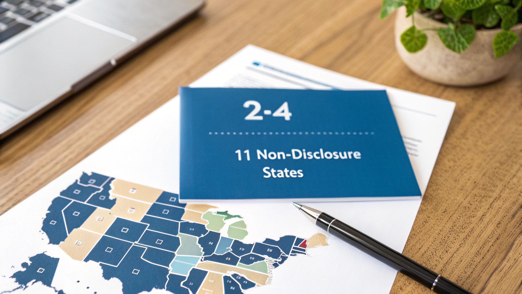 Desk flatlay with laptop, plant, pen, US map document, and a booklet titled '11 Non-Disclosure States'.