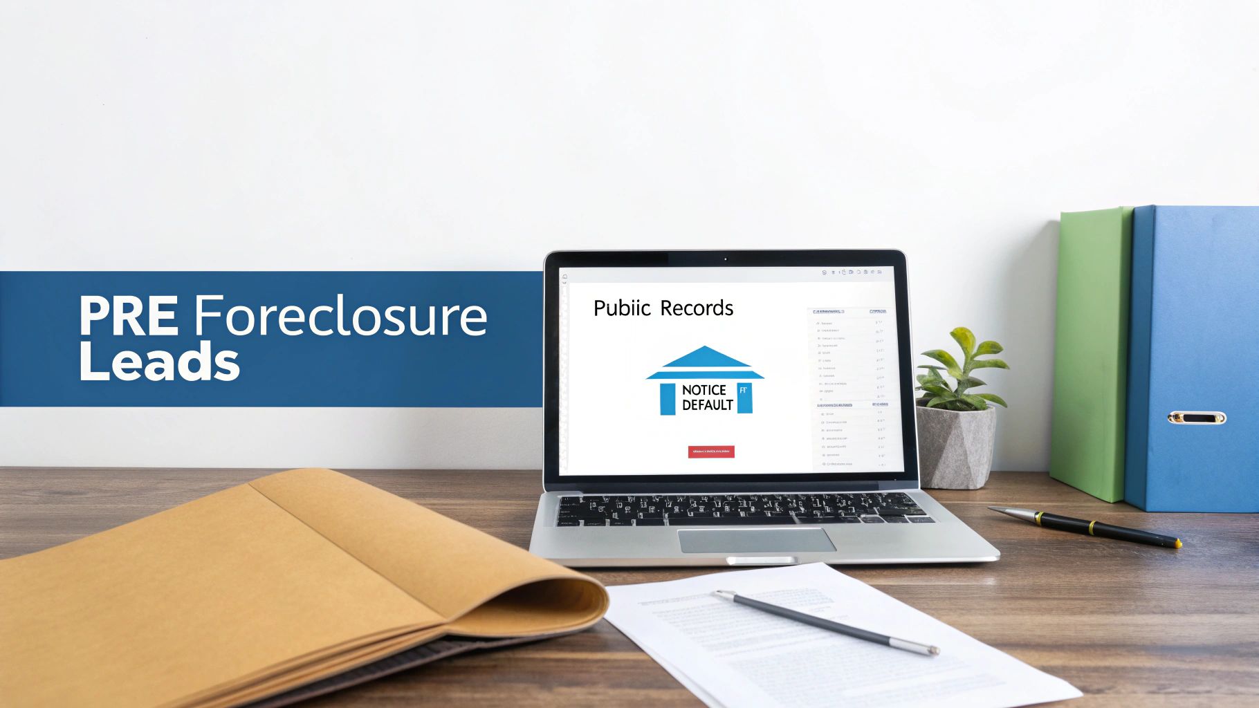A desk with a laptop showing 'NOTICE DEFAULT' and a blue banner with 'PRE Foreclosure Leads'.