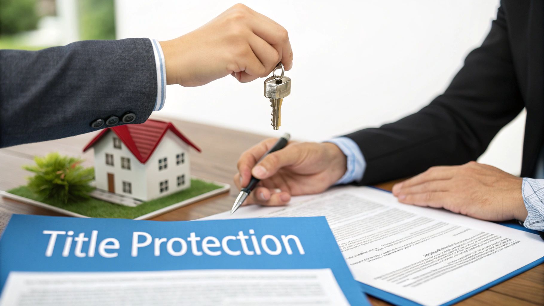 Hands exchanging a house key over title protection documents, symbolizing a real estate transaction.