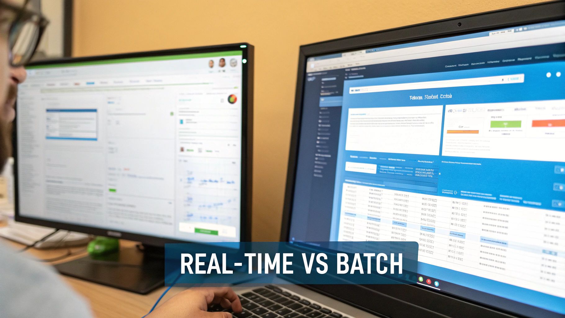 Person working on two computer monitors and a laptop, displaying data interfaces and 'REAL-TIME VS BATCH' text.