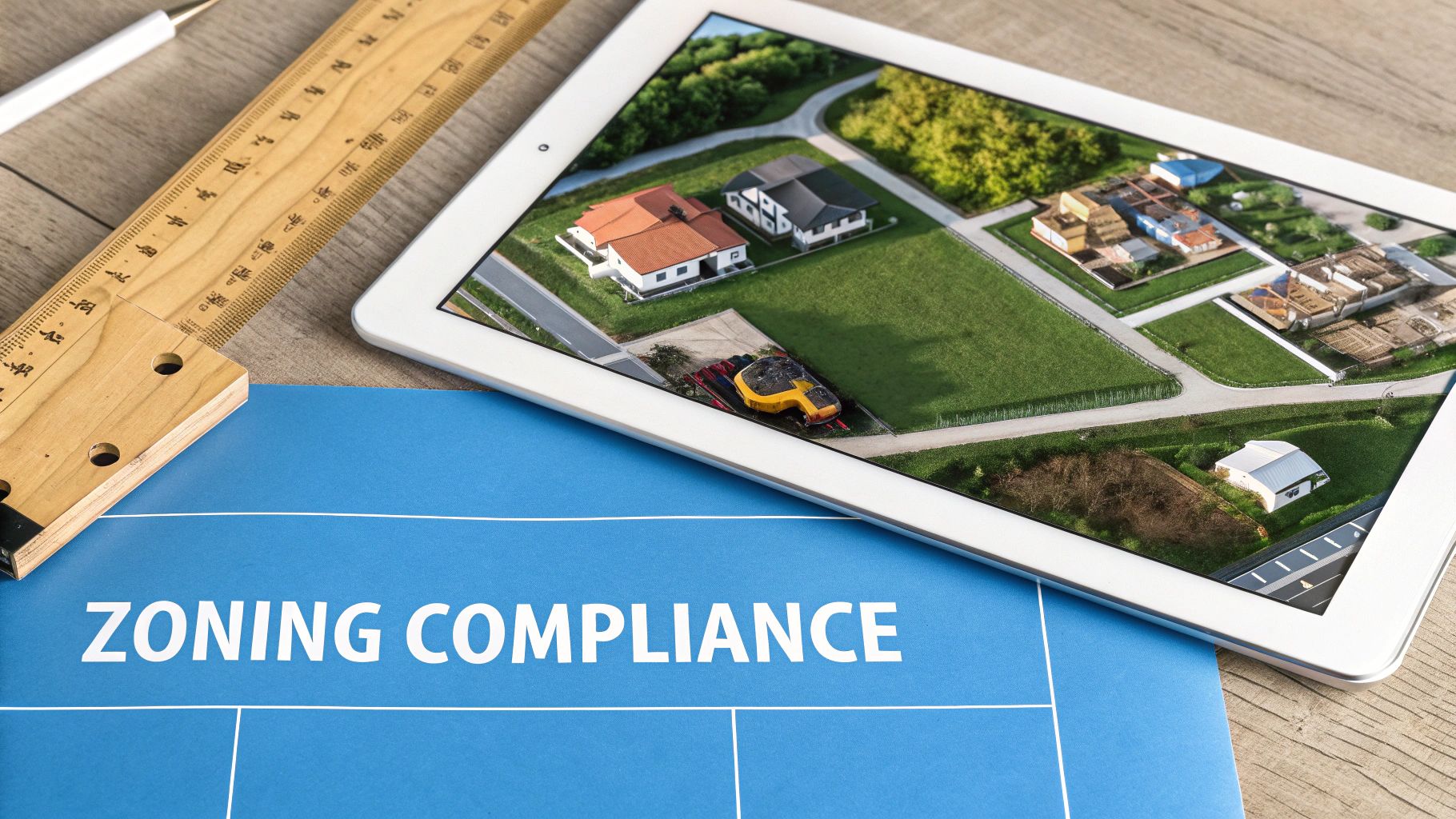 A tablet displays a real estate development map next to a 'ZONING COMPLIANCE' document, ruler, and pen.