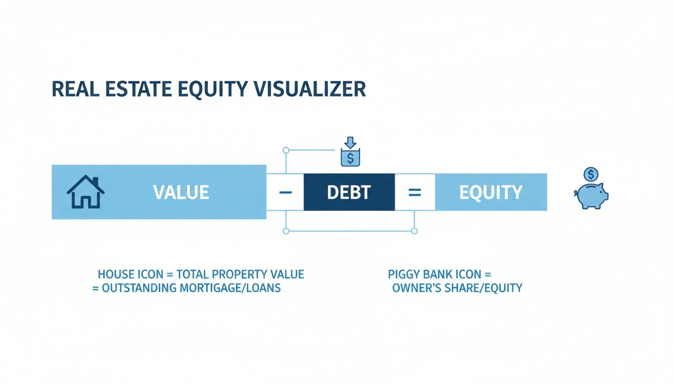Infographic visualizes real estate equity: property value minus debt equals owner's share, with clear icons.