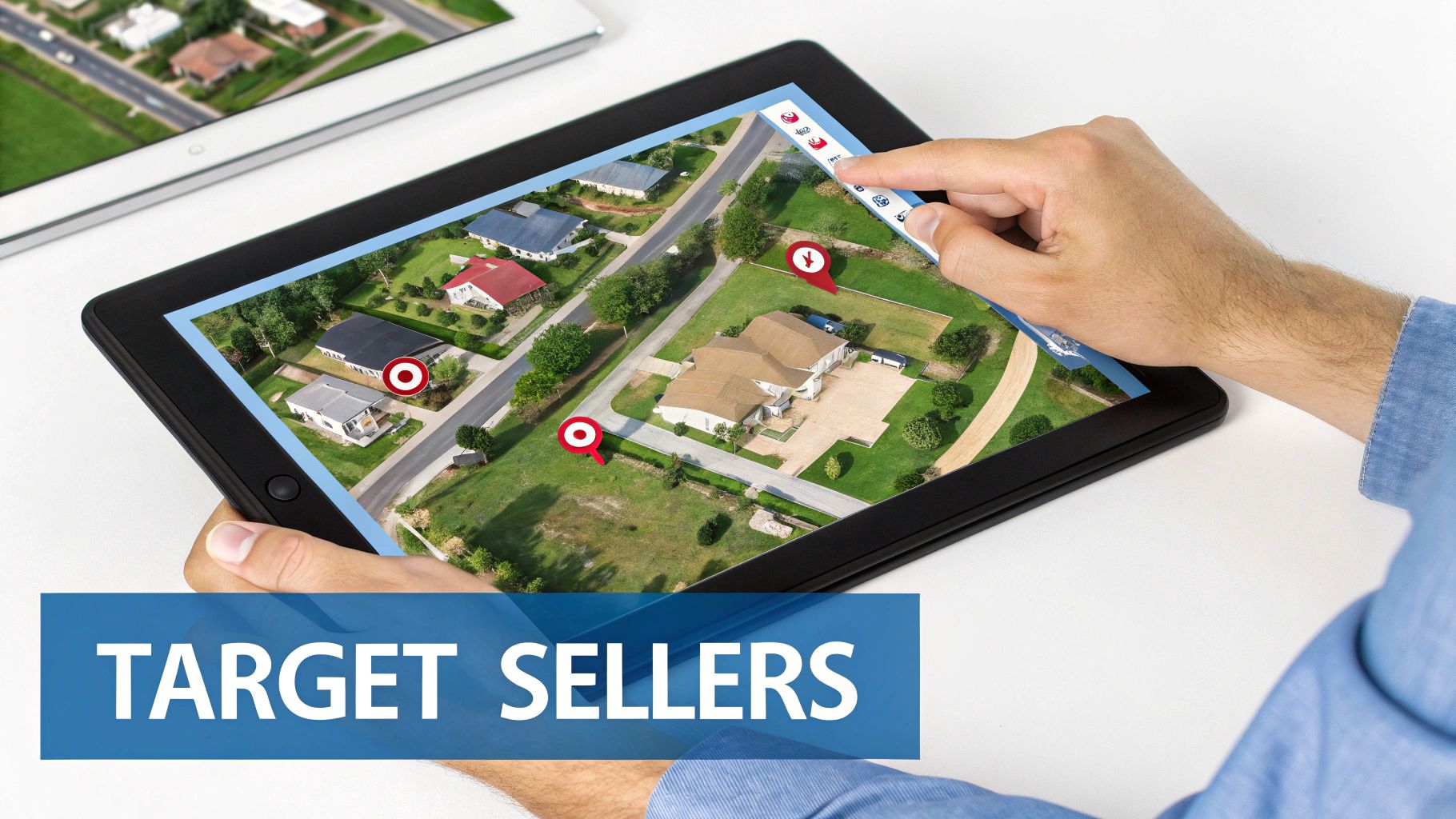 A person's hands hold a tablet showing an aerial map of a neighborhood with houses, marking potential sellers.