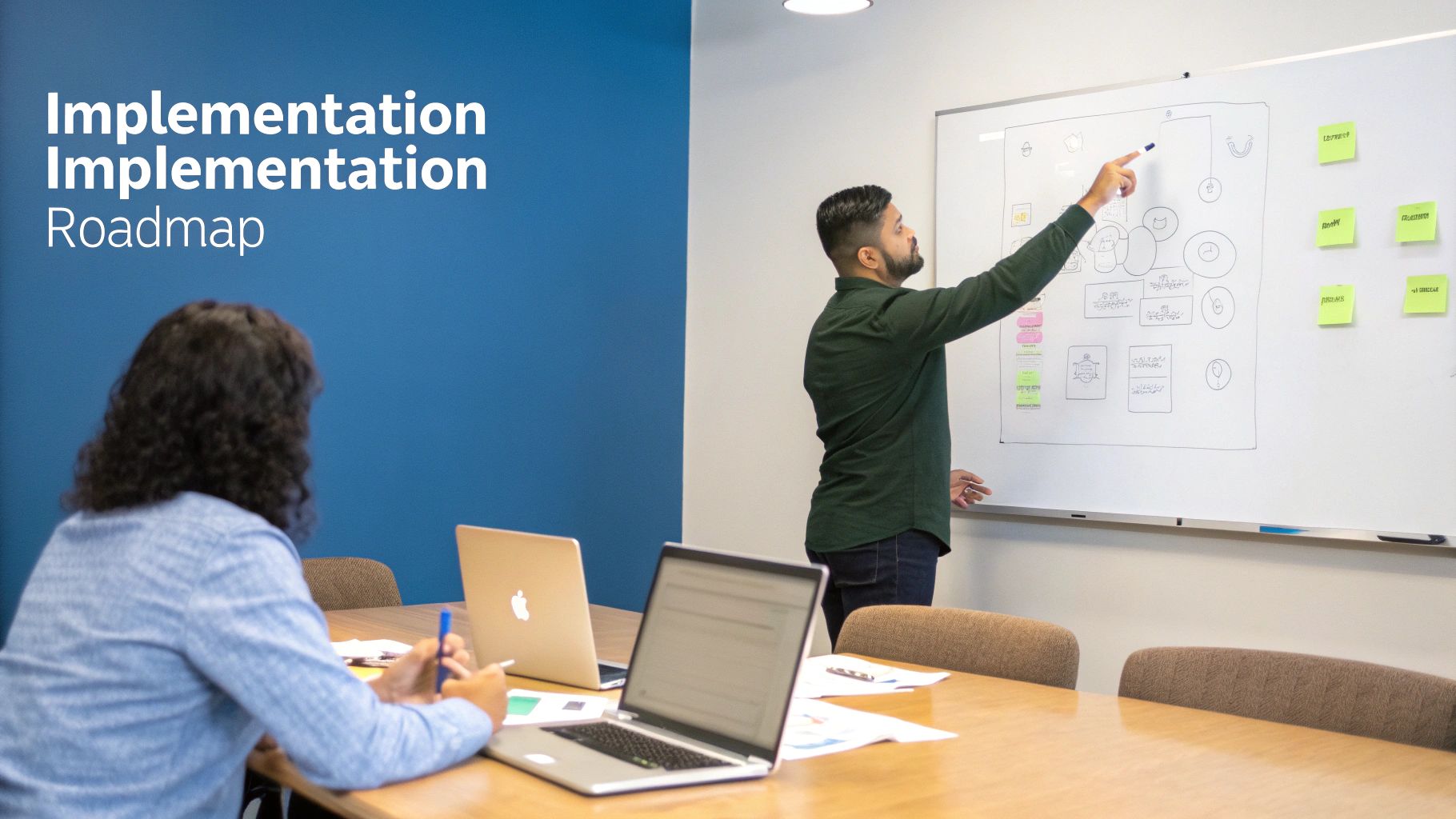 A man explains an implementation roadmap on a whiteboard to a female colleague with laptops.