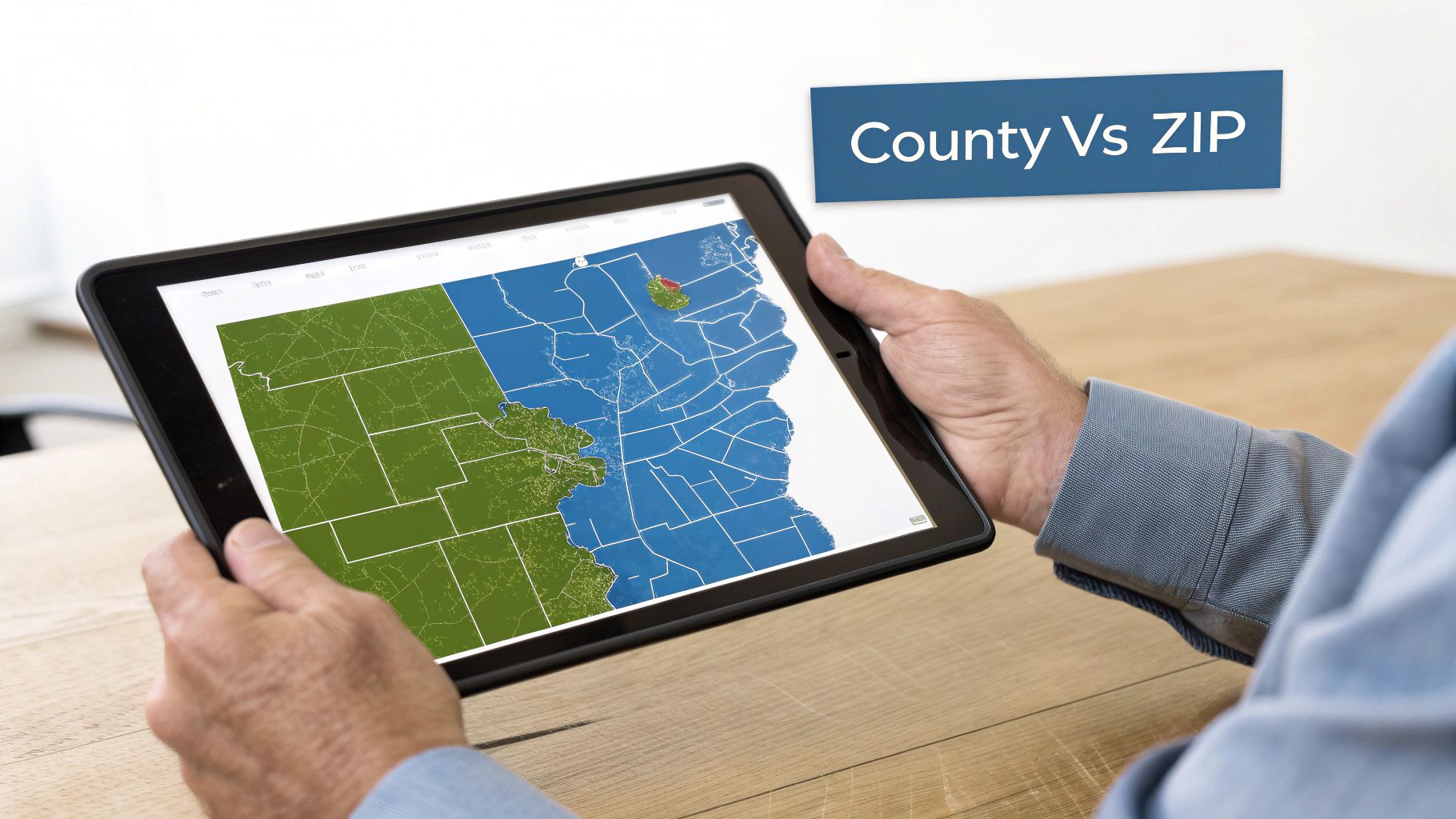 A person holds a tablet displaying a digital map comparing county and ZIP code boundaries with a banner.
