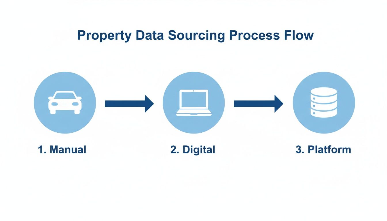 A process flow diagram illustrating property data sourcing from manual methods to a digital platform.