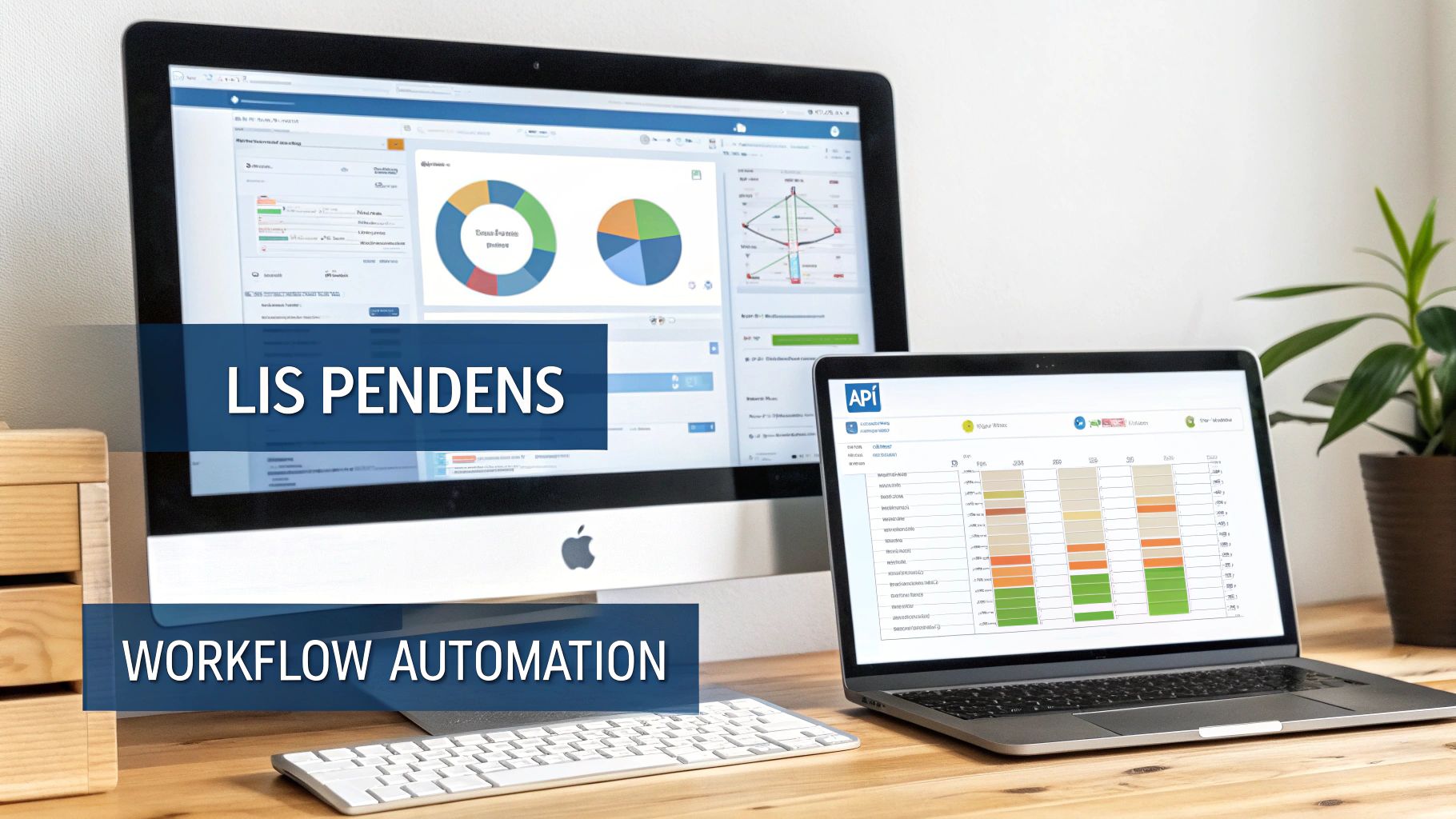 Desktop and laptop screens displaying business dashboards, charts, and workflow automation solutions.
