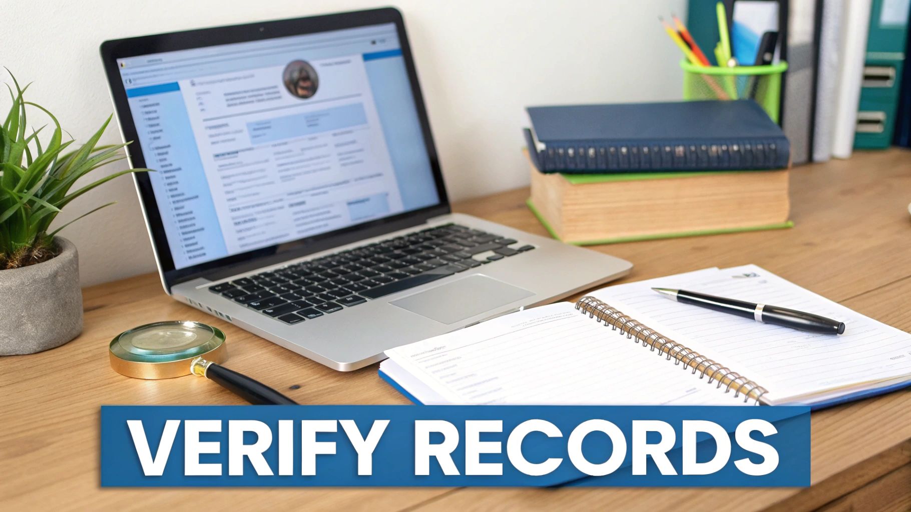 A desk setup with a laptop showing records, a magnifying glass, books, and a notebook for verification.