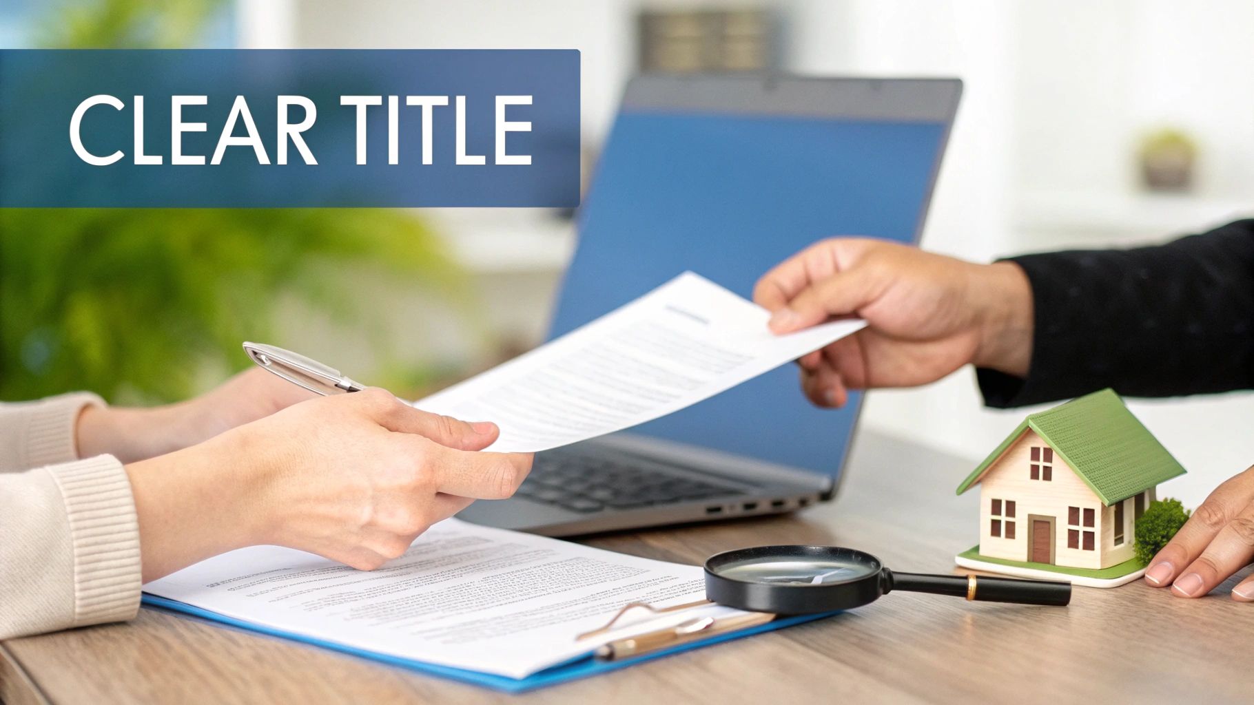 Two people reviewing real estate documents on a desk with a house model and magnifying glass, symbolizing a clear property title.