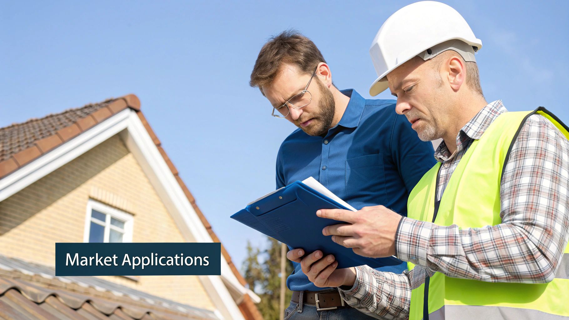 Real estate professionals inspecting property documents outdoors with a house roof in view.