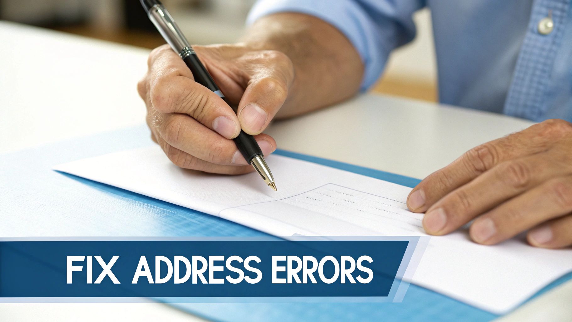 A person's hand writes on a white document with a pen, likely addressing an envelope or form.