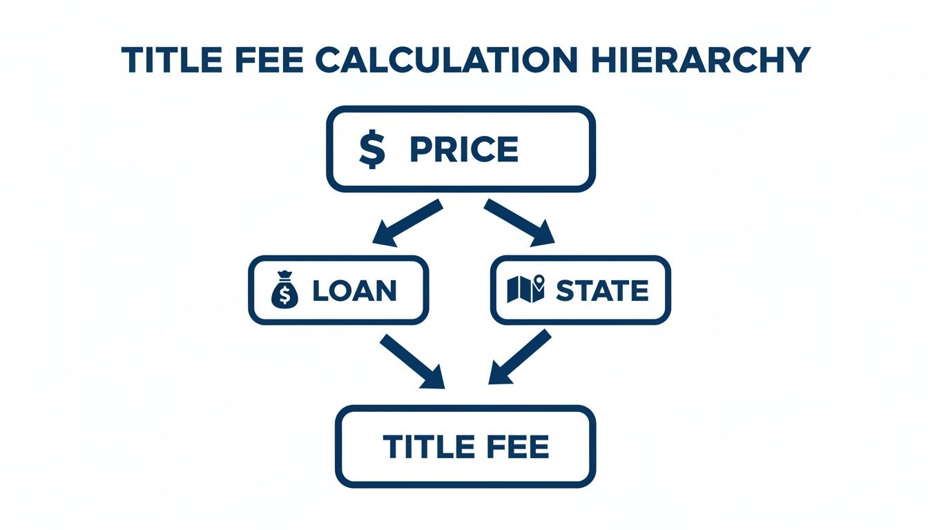 Flowchart illustrating the calculation hierarchy for title fees, showing Price, Loan, and State factors.