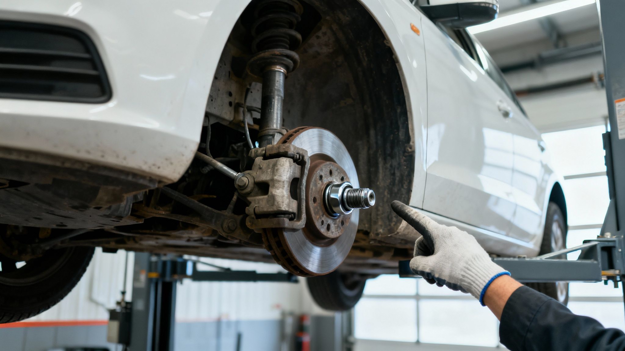 A mechanic's gloved hand points at a car's exposed brake rotor and suspension during service.
