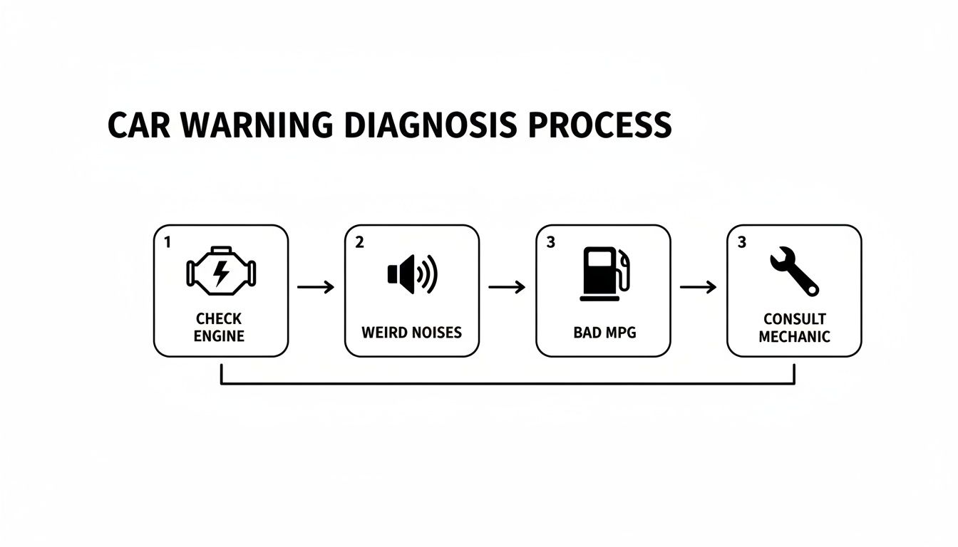 Flowchart illustrating a car warning diagnosis process with steps like check engine, weird noises, and bad MPG, leading to consulting a mechanic.
