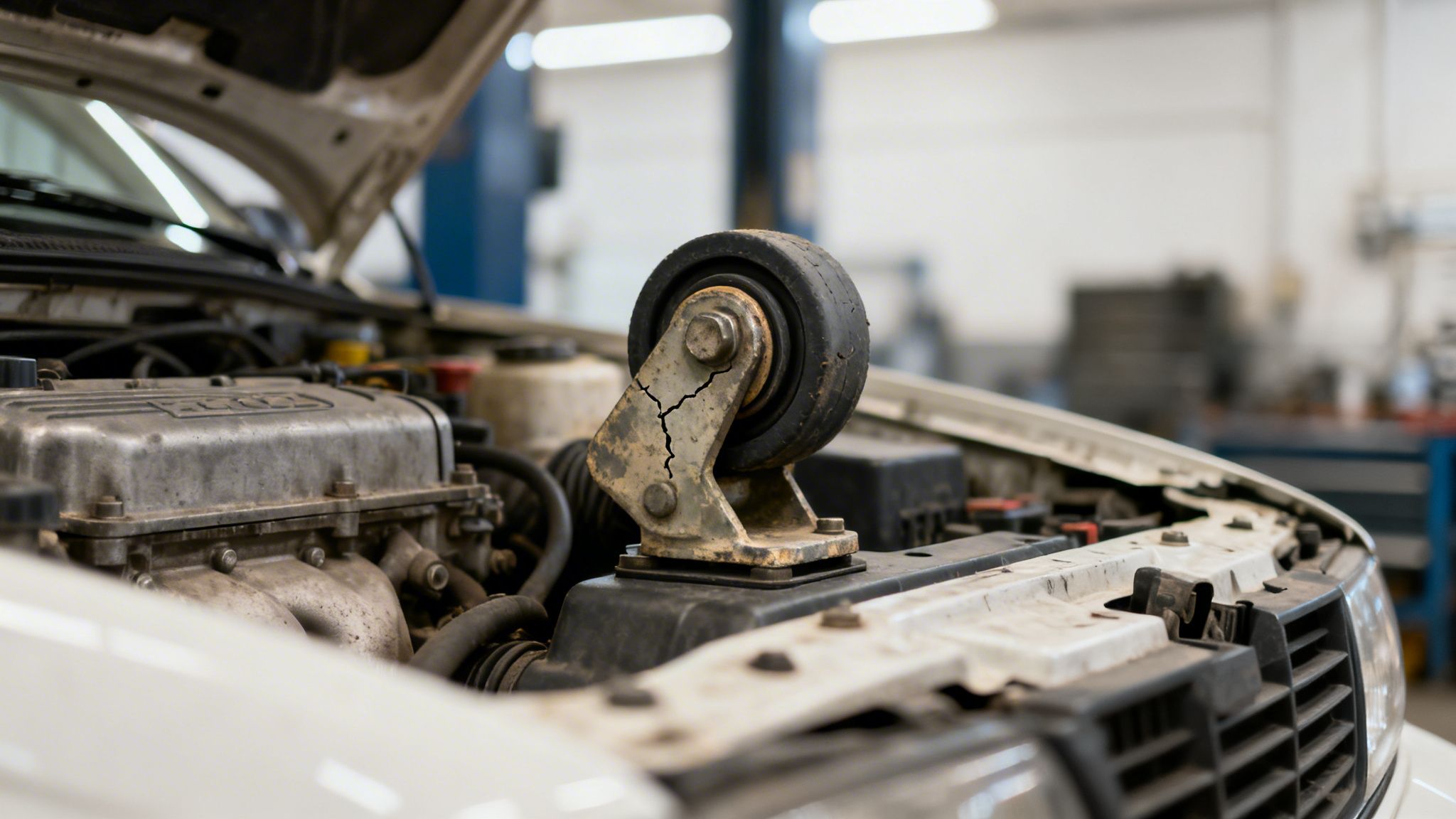 Close-up of a car engine with an open hood, showing a severely cracked and rusted metal support with a worn wheel.