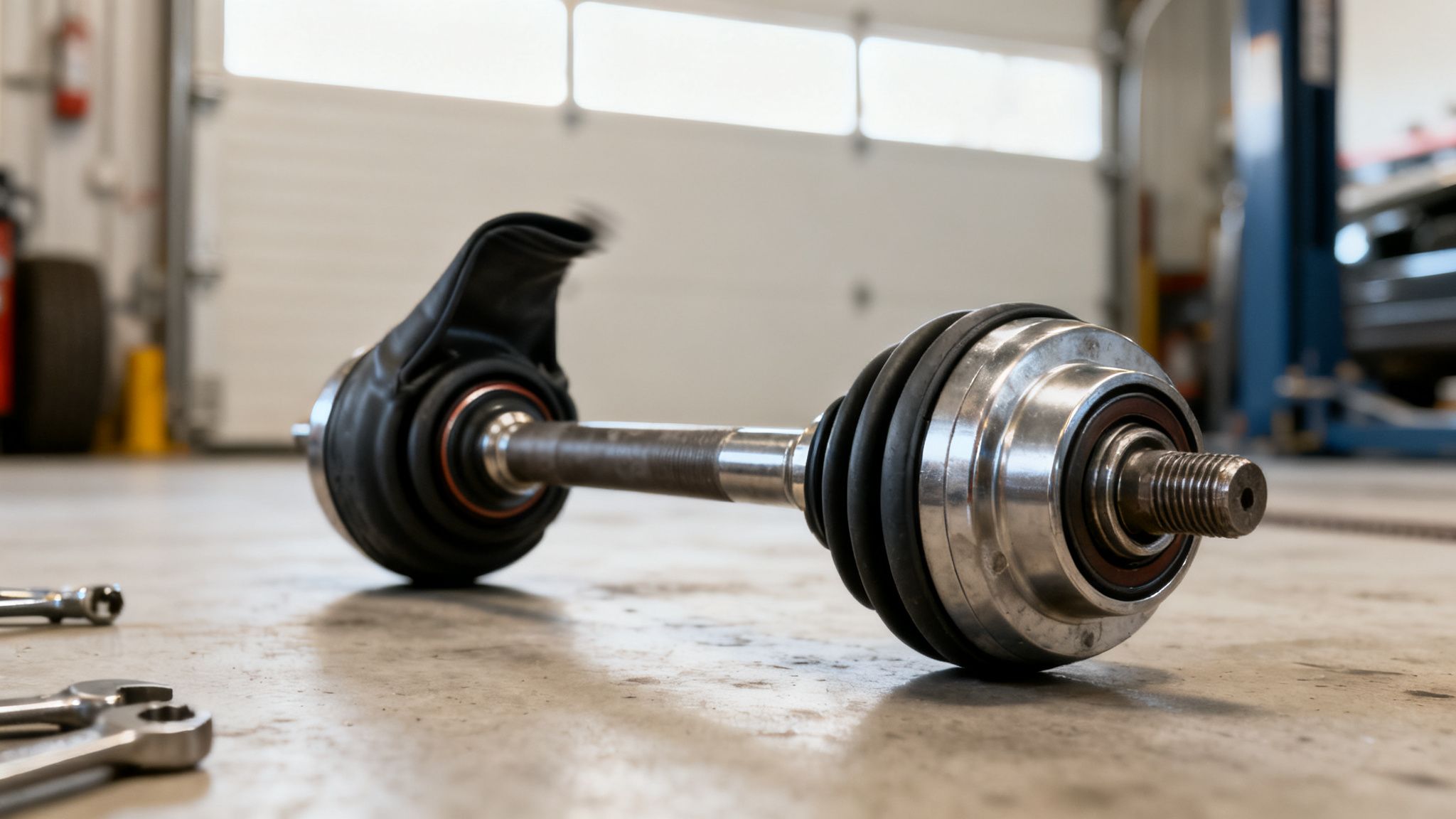 A new or replacement CV axle shaft rests on a garage floor, surrounded by mechanics' tools, indicating automotive repair.